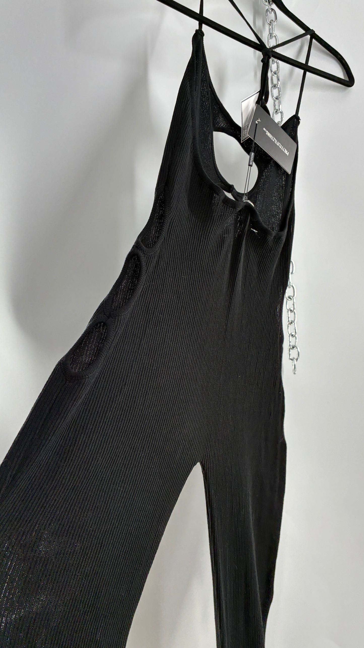Pretty Little Thing Black Sheer Knit Cut Out Halter Neck Jumpsuit with Tags (Large)