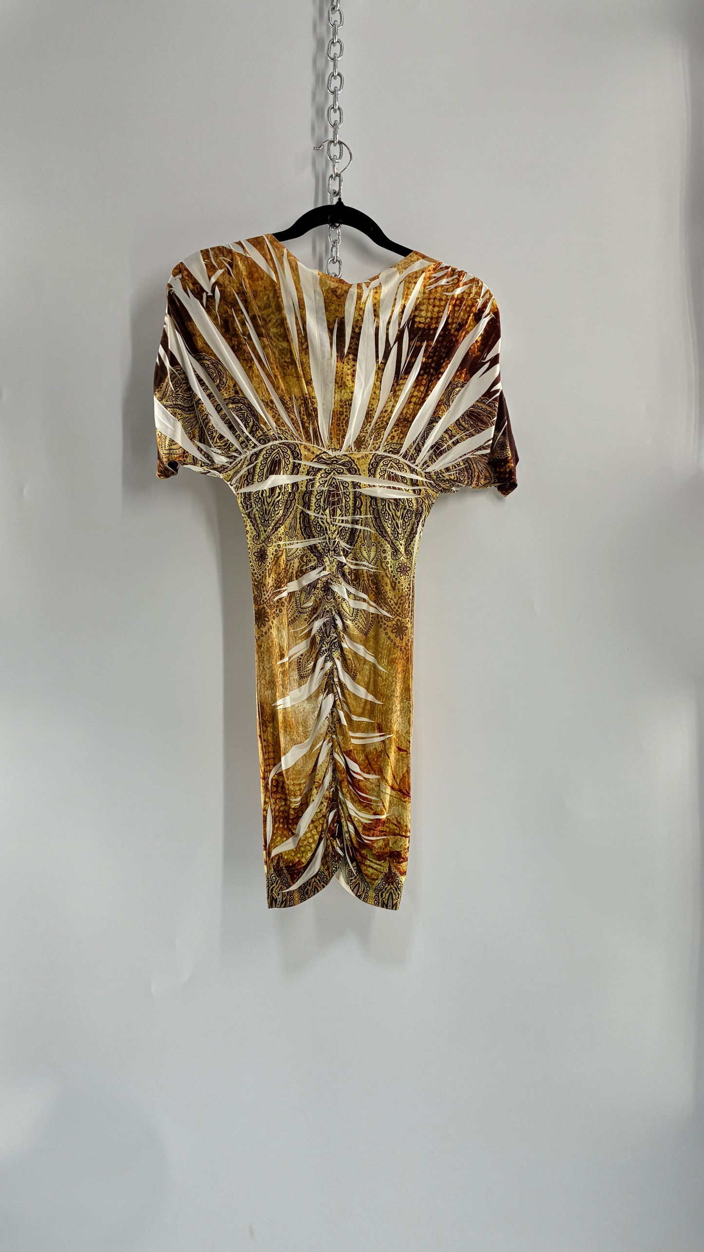 Vintage Bodycon Gold Graphic Mini Dress with Rhinestones (Small)