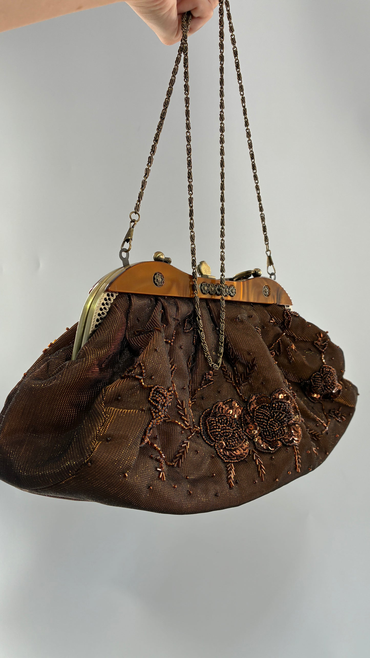 Vintage Brown Beaded and Sequin Purse with Bronze Metal Closure and Iridescent Fabric