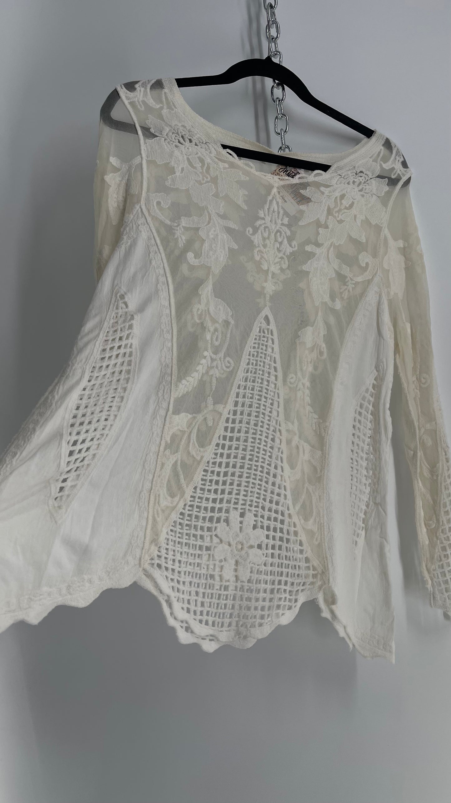 Embroidered Off White Lace and Mesh Paneled Long Sleeve (Medium)