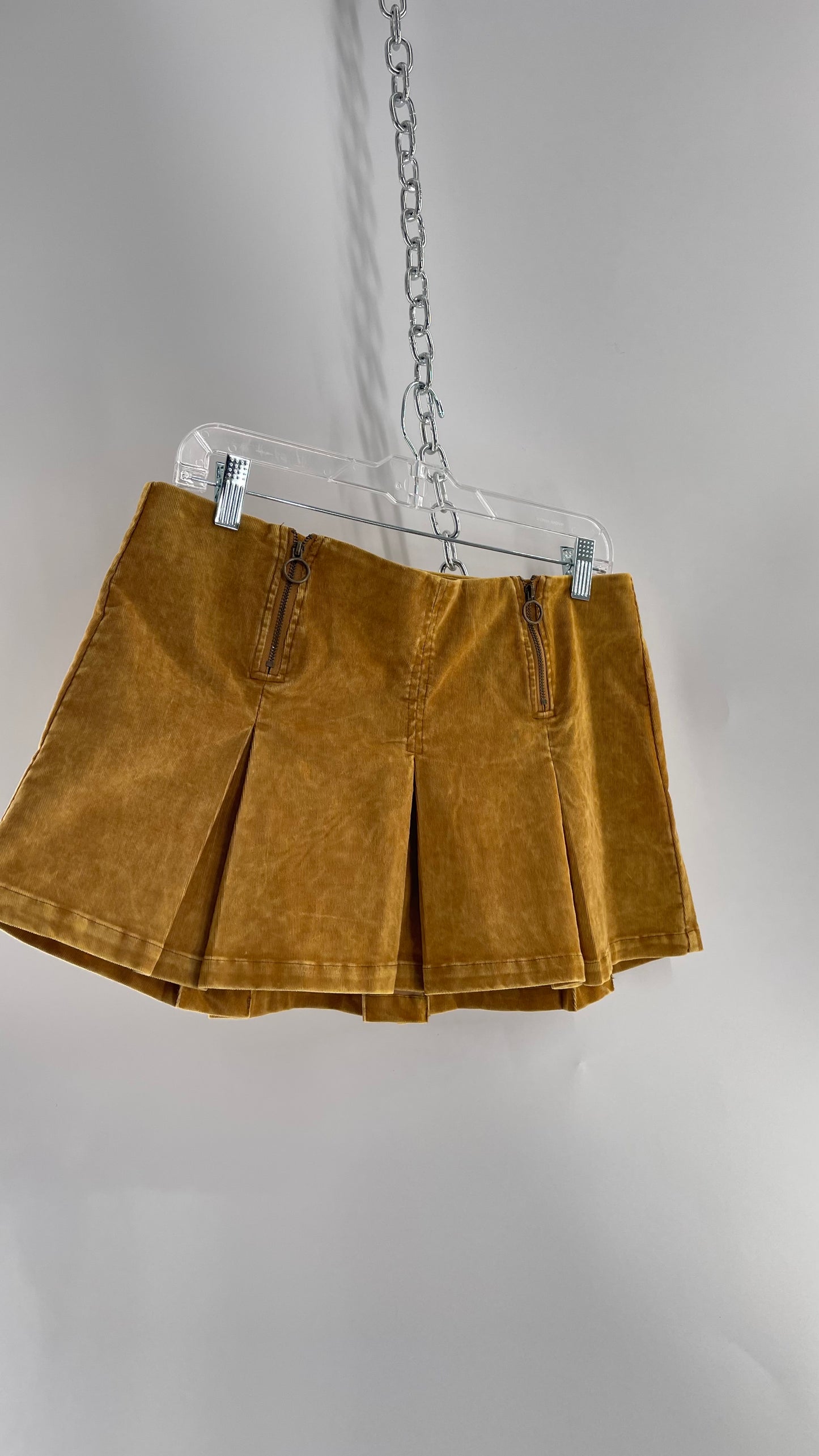 Urban Outfitters Mustard Corduroy Pleated Micro Mini Skirt with Brass Hip Zippers (Medium)