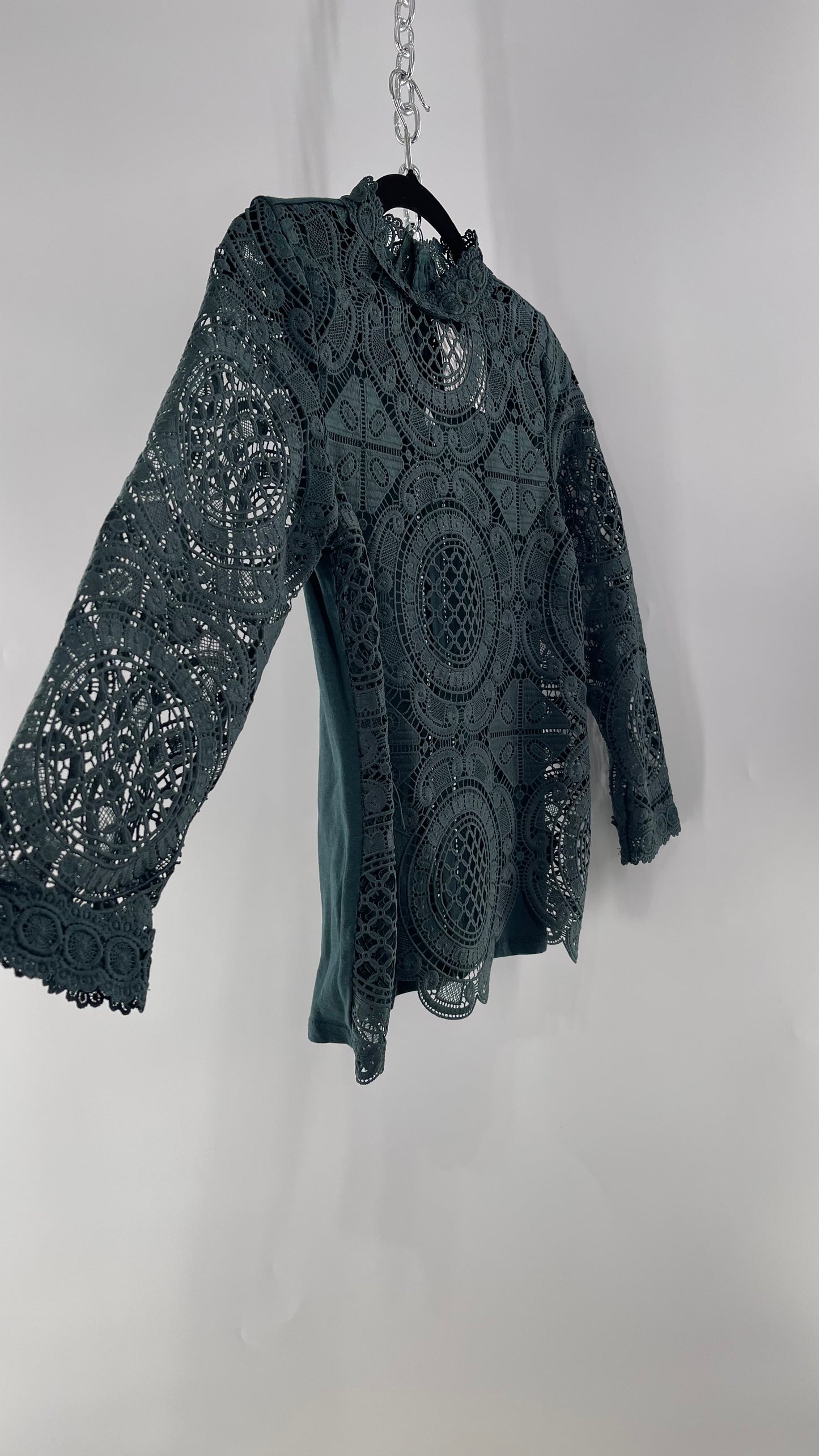 James Coviello New York Thick Lace Forest Green Blouse with Button Down Back (XS)