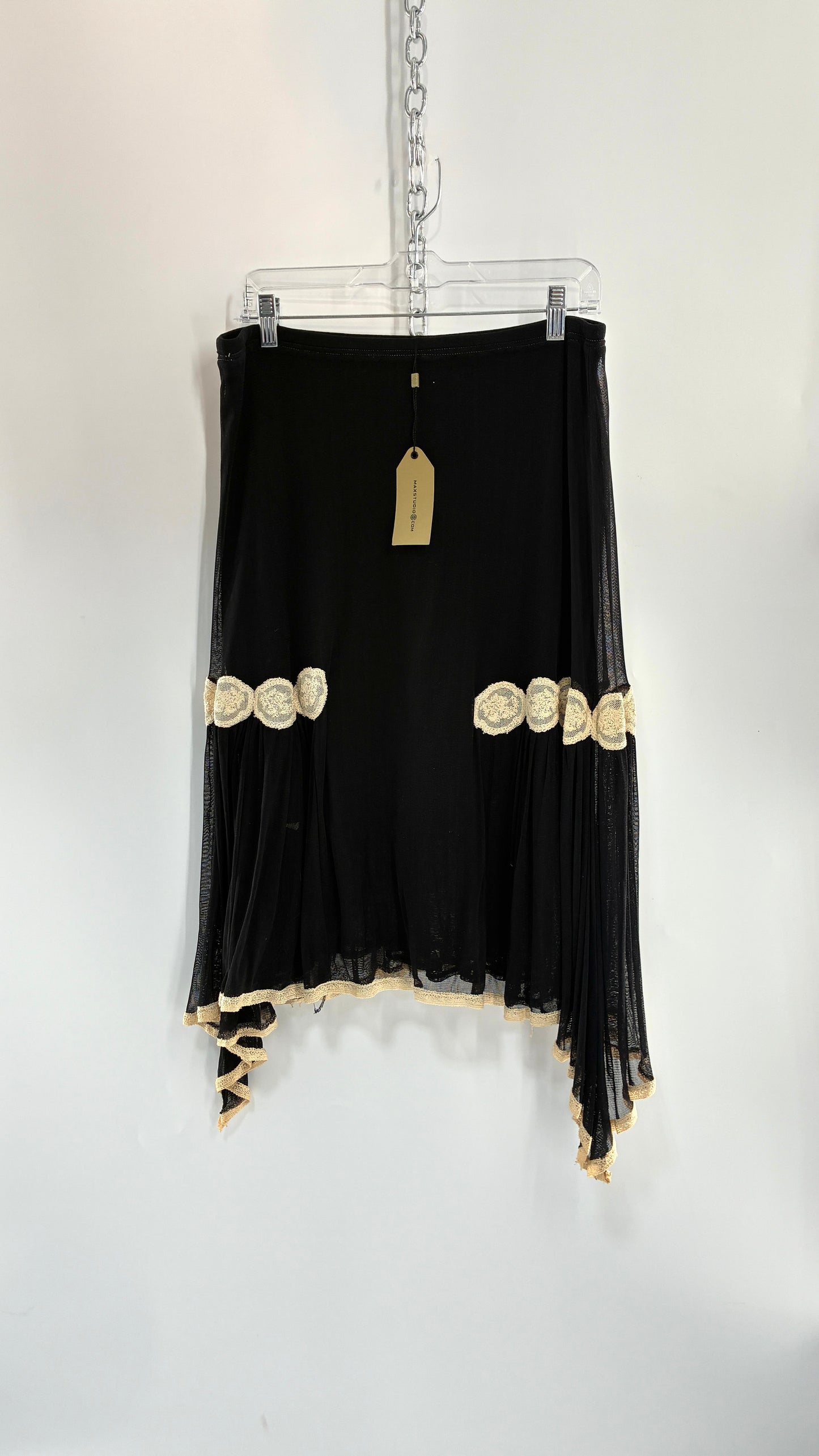 Deadstock MAXSTUDIO 100% Silk Black Skirt with Lace Trim (Small)