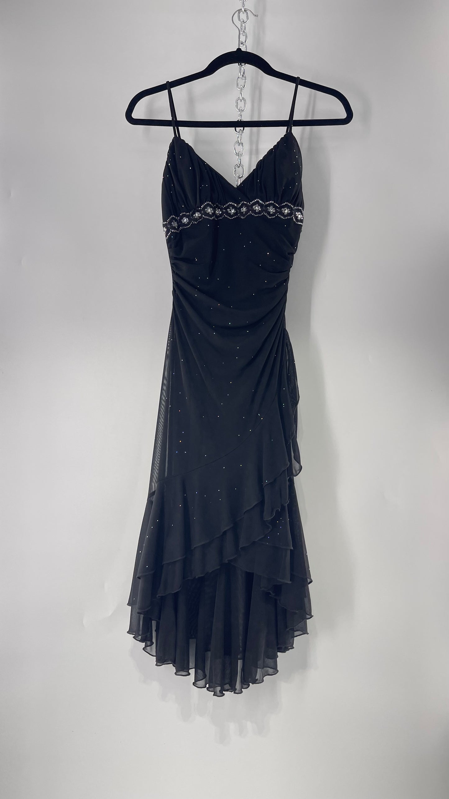 Vintage Taboo Midi Dress with Iridescent Sequins with Lace Underbust Detail, High Low Silhouette and Frills (Medium)