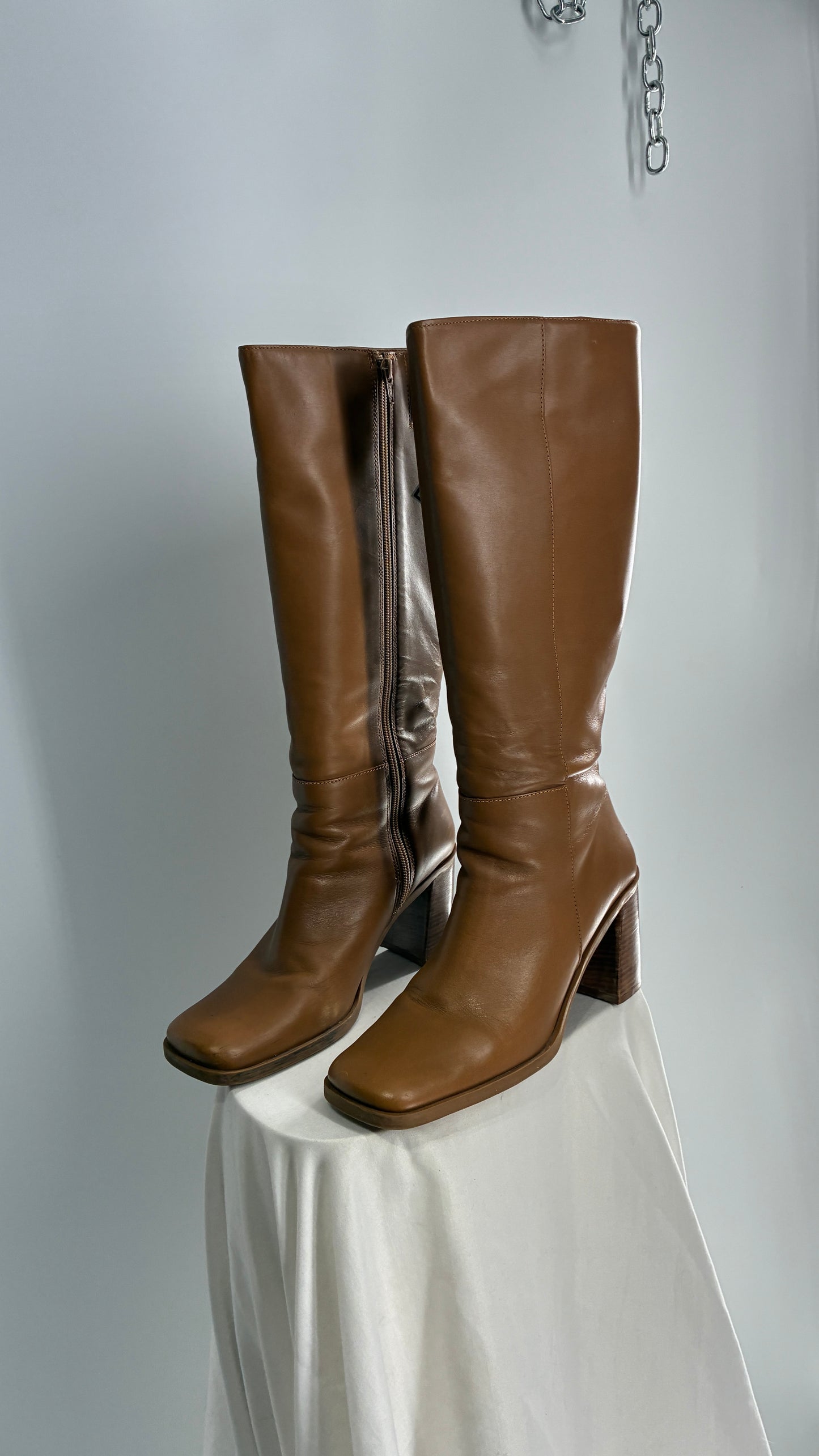 Vintage Strive Genuine Leather Square Toe Knee High Boots with Chunky Block Heel Made in Uruguay (9.5)