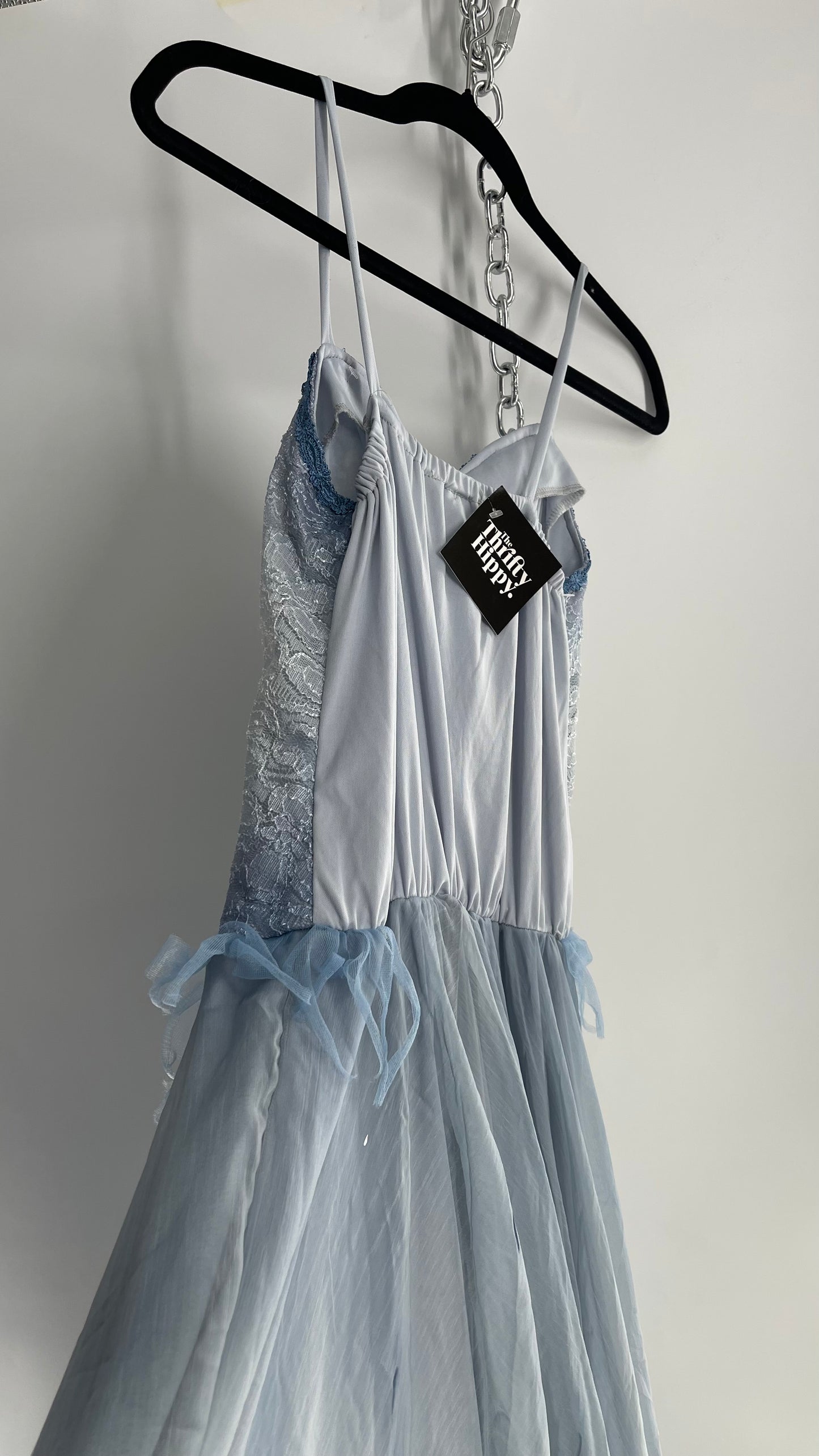 Vintage Muted Blue Corpse Bride Style Gown with Tulle, Embroidery and Ombré