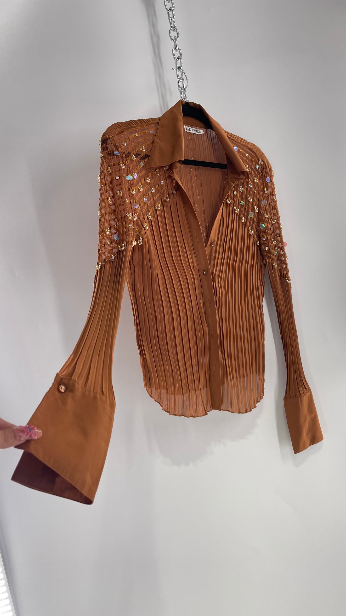 VINTAGE KAELYN-MAX Orange Brown Pleated Blouse with Beaded Embellishments (Medium)