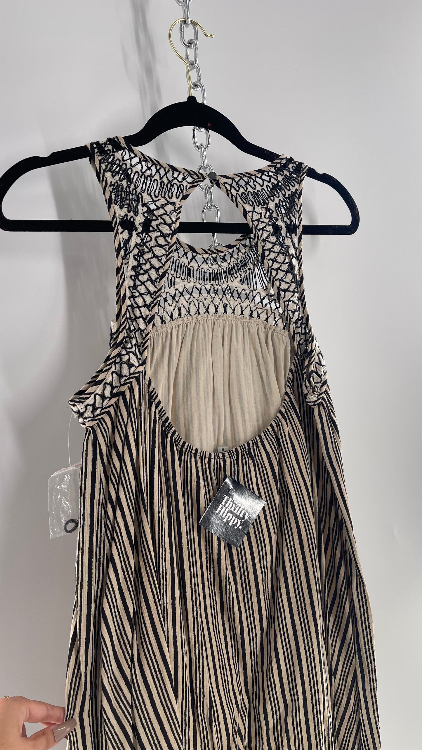 Ecote Tan and Black Striped Mini Dress with Threaded and Stitched Neckline Detail + Bag with Extra Thread (S)