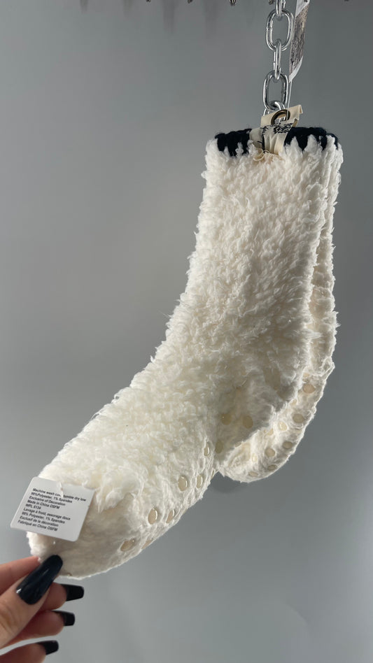 Free People White Fluffy Socks with Sole Grips with Black Stitched Detail on the Ankle