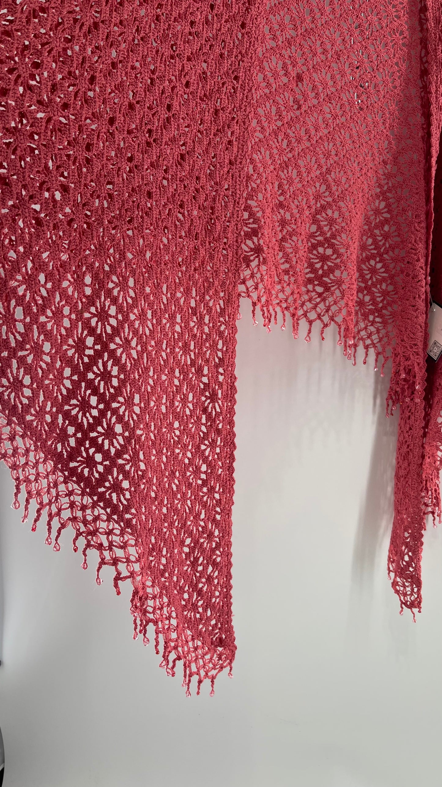 Vintage Hand Crochet Pink Shawl with Beaded Fringe Hem (One Size)