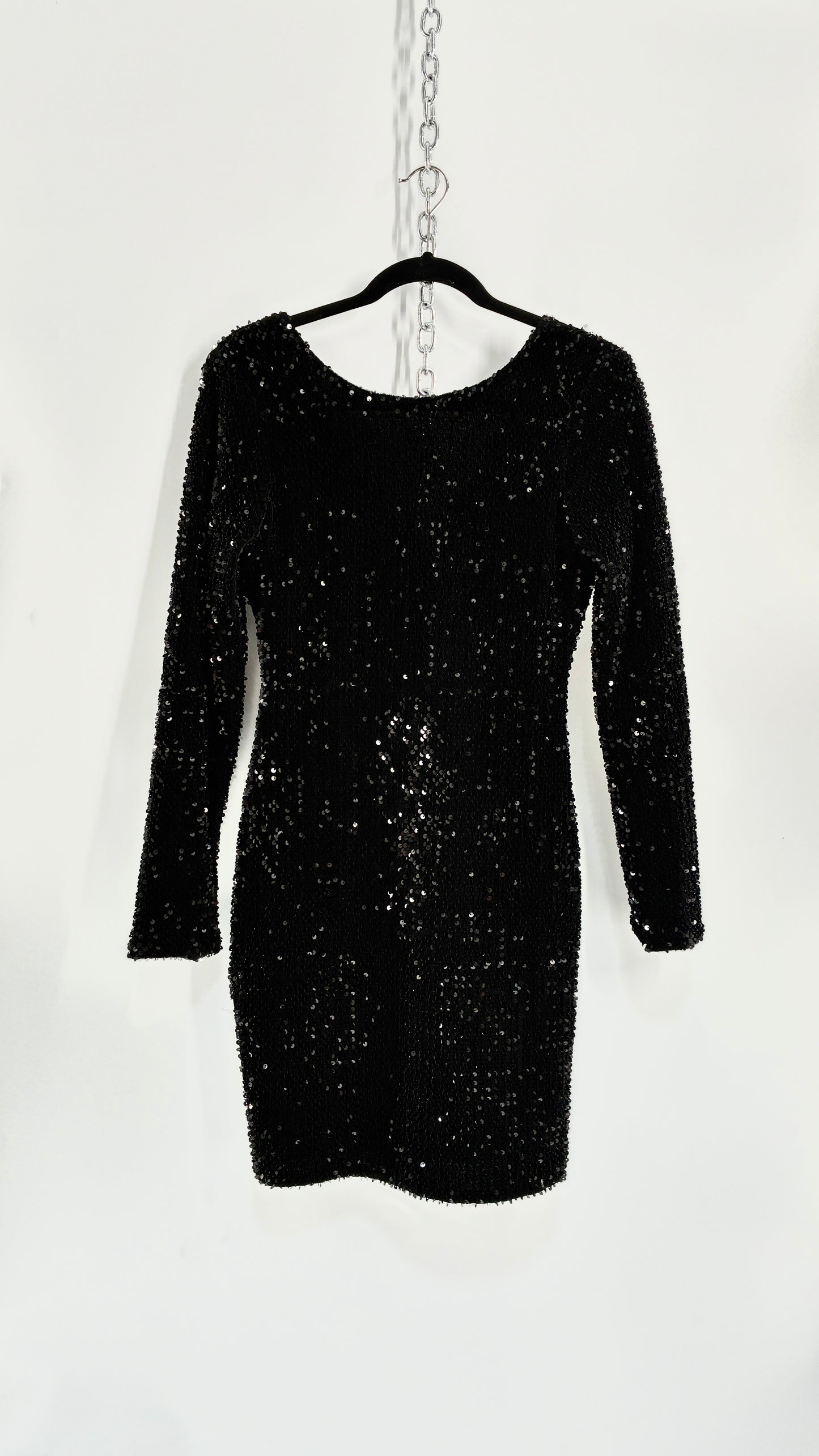 MOTEL Black Thick Velour and Sequin Long Sleeve Bodycon Mini Dress (Medium)