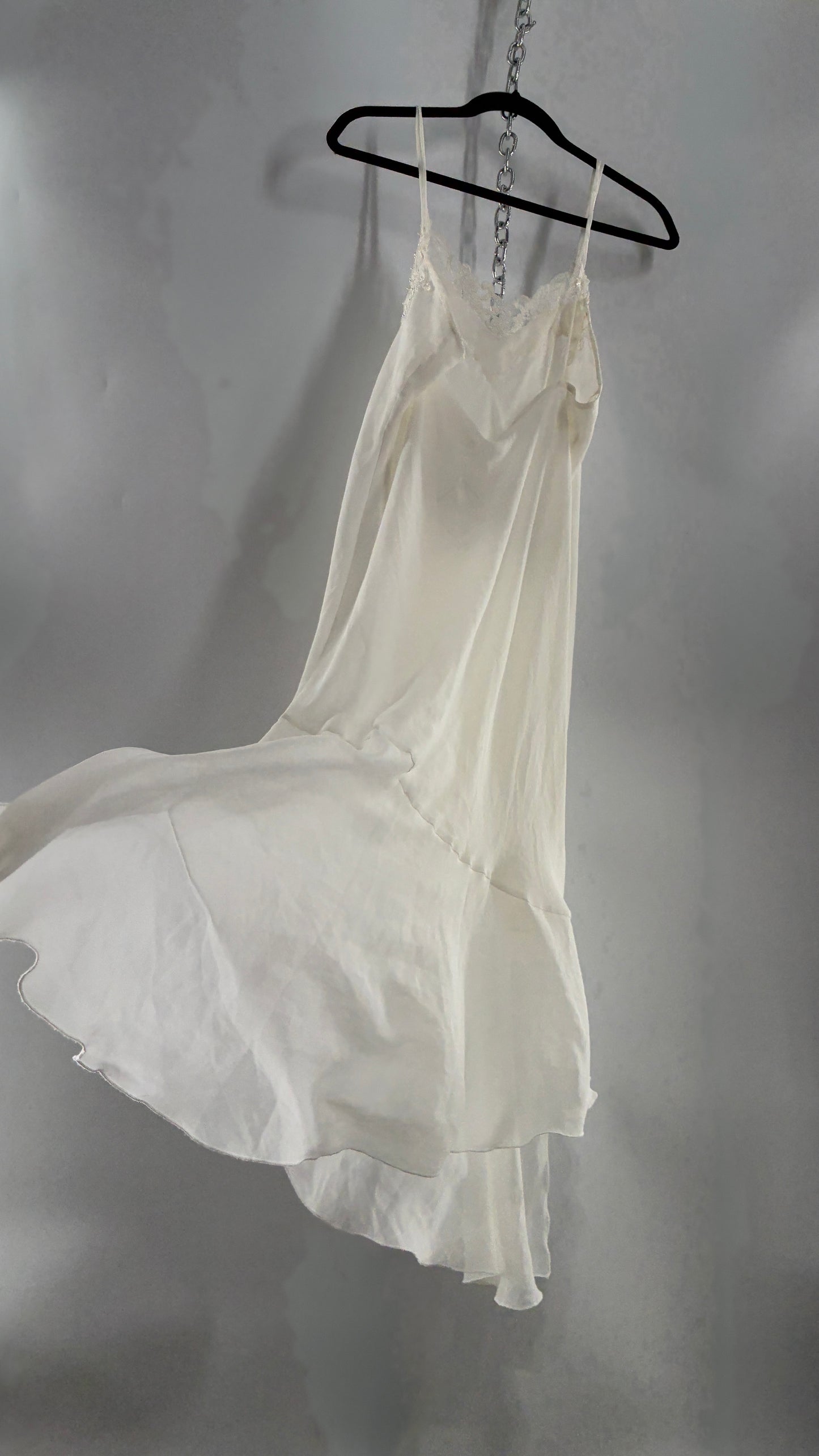 Vintage CALIFORNIA DYNASTY Ivory Maxi Slip Nightgown Dress with Sequin Neckline and Handkerchief Hem (Large)