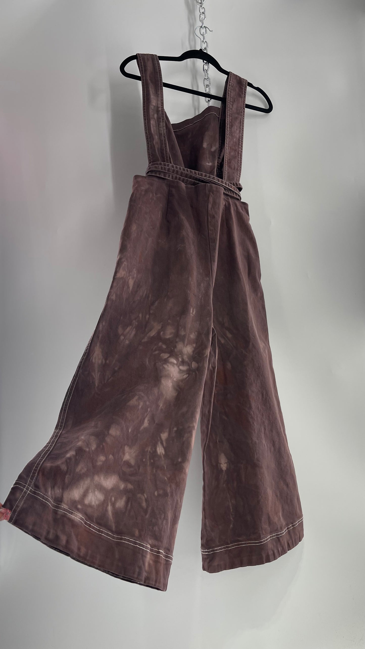 Brown Hand Dyed Jumpsuit with Waist Tie Detail and Open Back (Small)