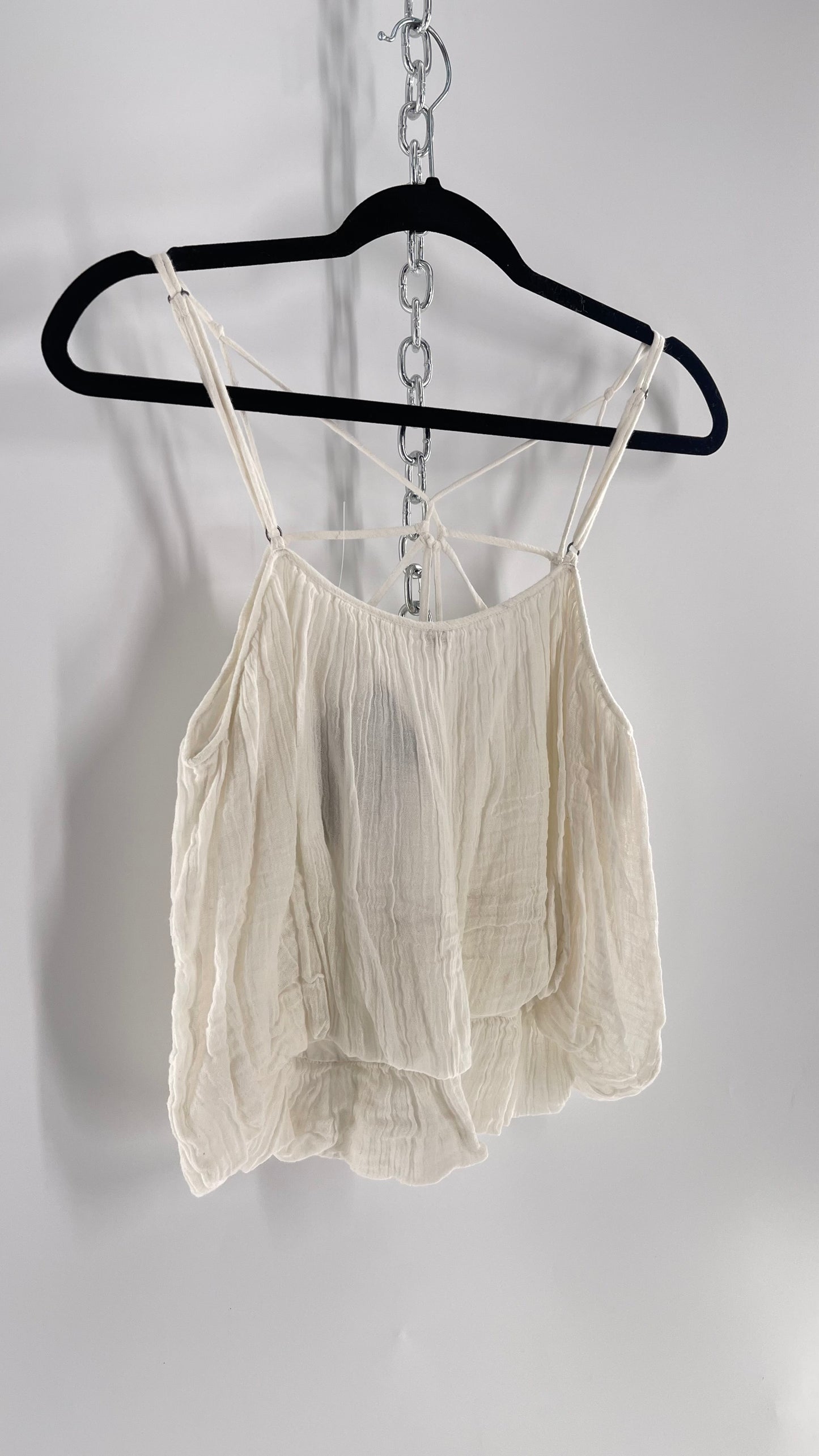 Free People White Cotton Bubble Sleeveless Blouse with Strappy Neckline (M)