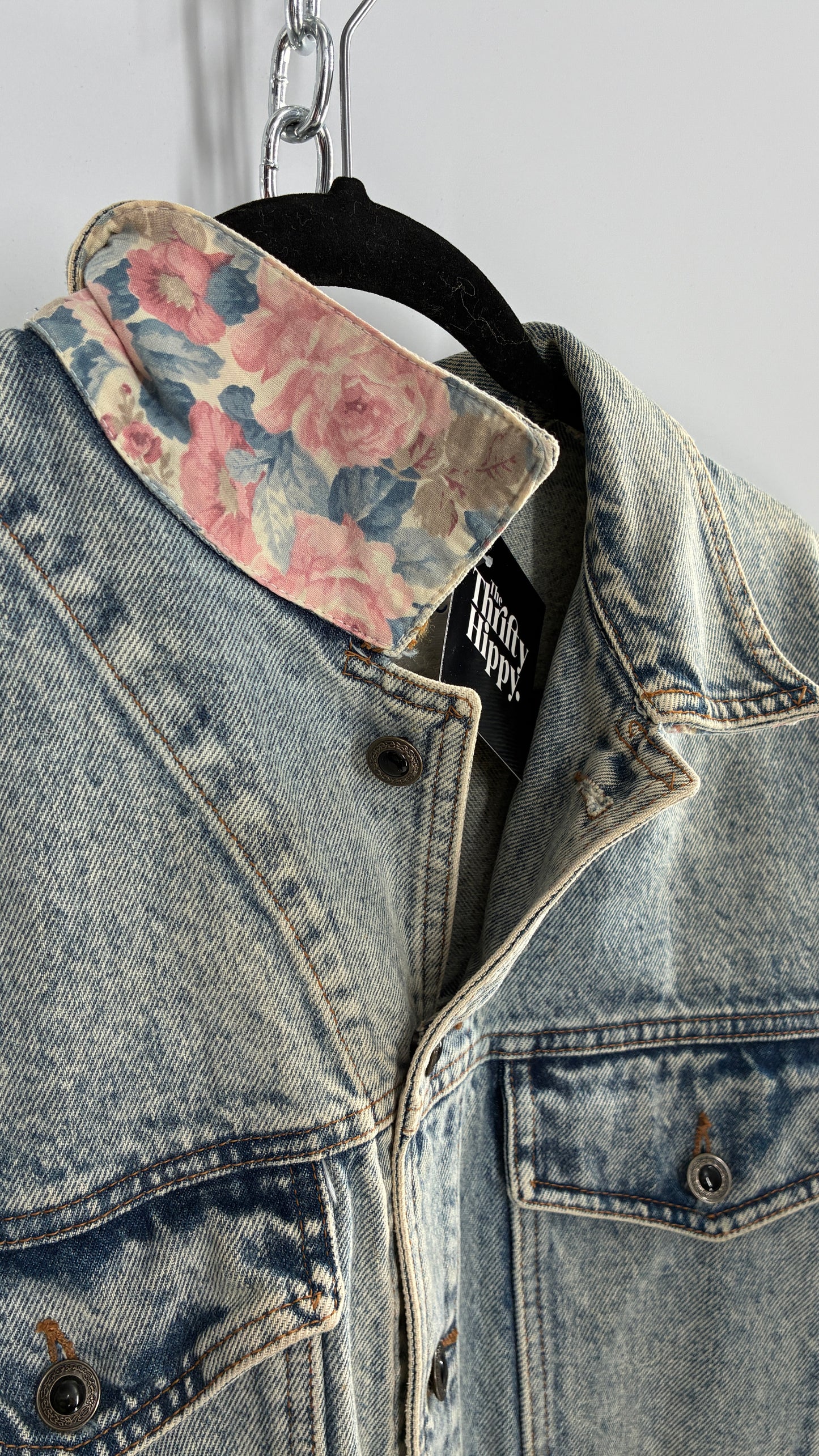 Vintage American Pacific Acid Wash Denim Jacket with Floral Patterned Cuffs (Large)