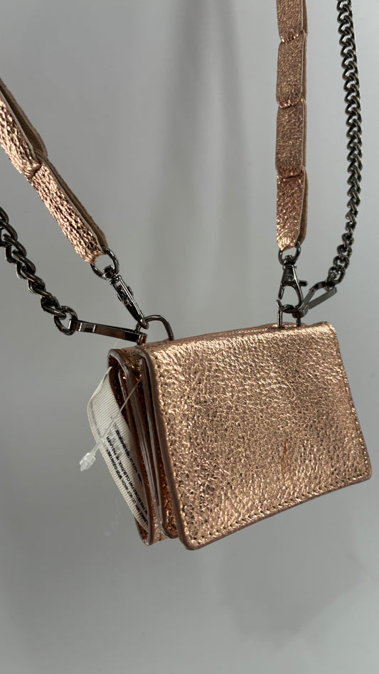 Free People Rose Gold Metallic Goat Leather Wallet with Leather and Chain Straps
