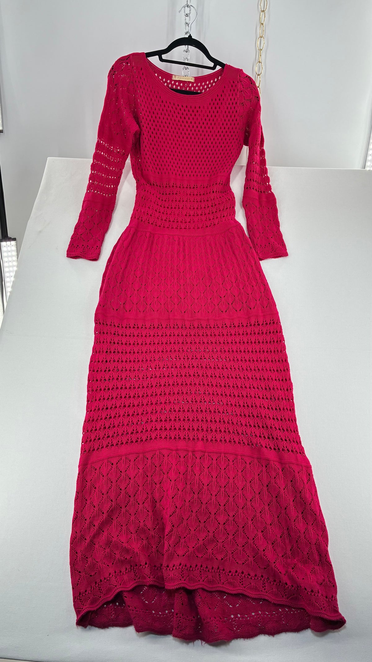 Imported Vintage AQUAMAR Hot Pink Crochet Full Length Dress with Waist Definition  (M)