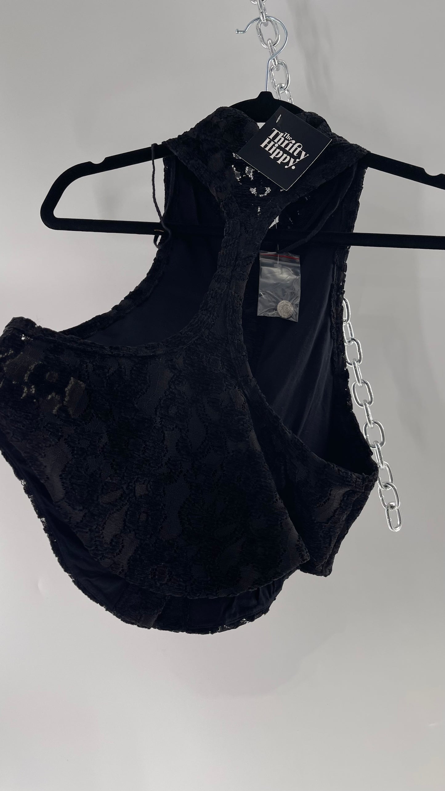 Free People Black Velvet Lace Sleeveless with Metal Buttons (Small)