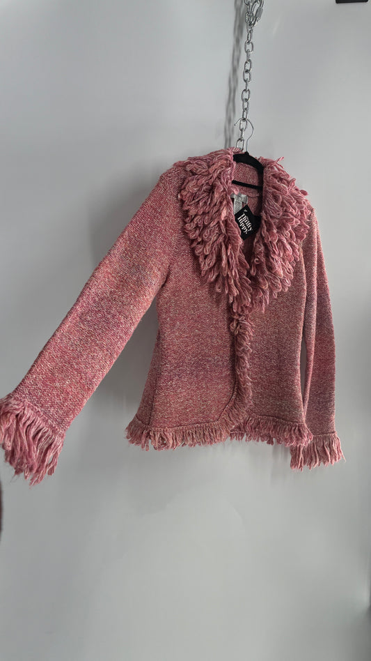 Nine West Pink Knit Cardigan Jacket with Exaggerated Fringe Collar and Cuffs (Large)