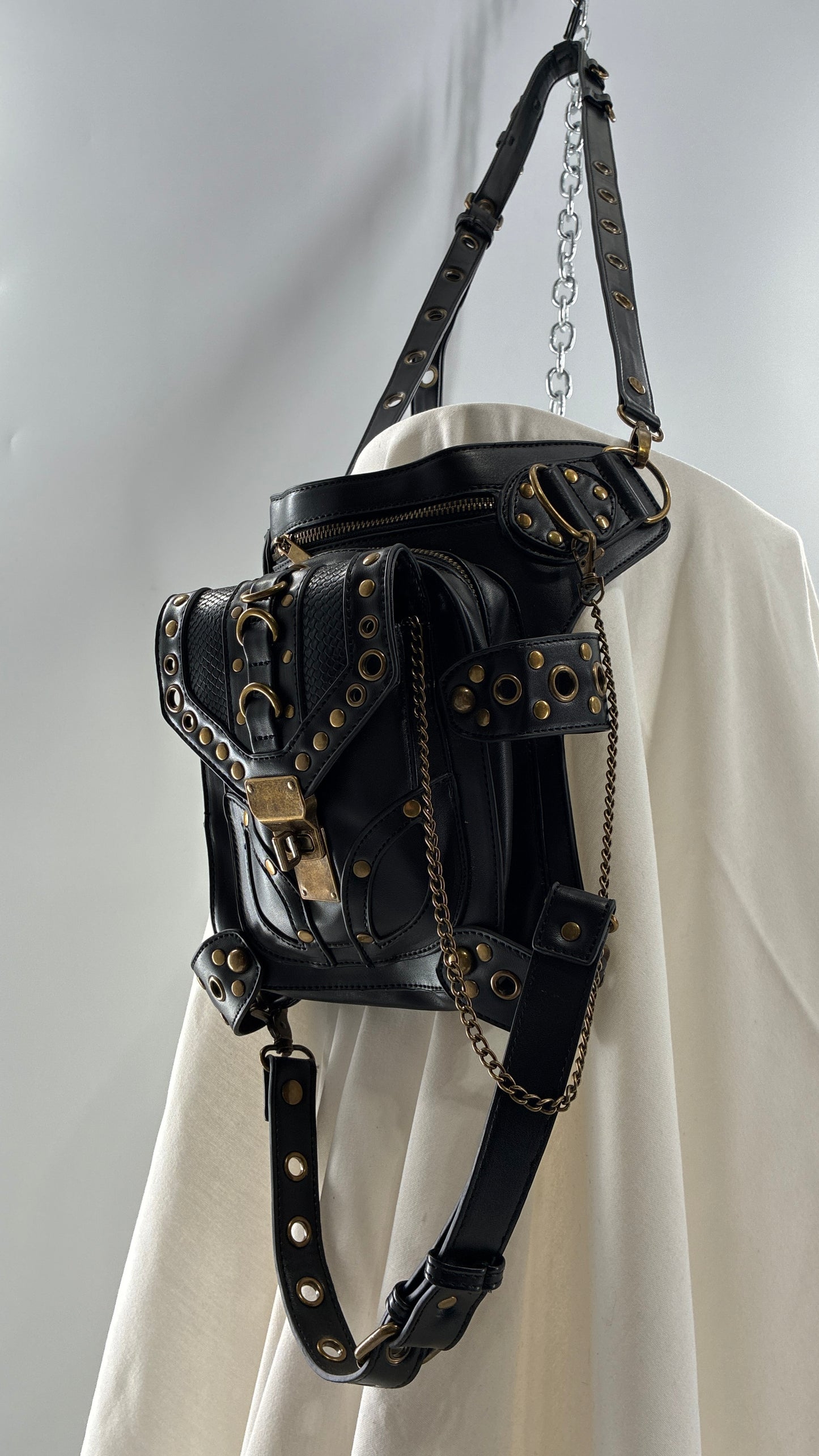 Vintage Bronze Studded, Leather Thigh Strap Crossbody Bag