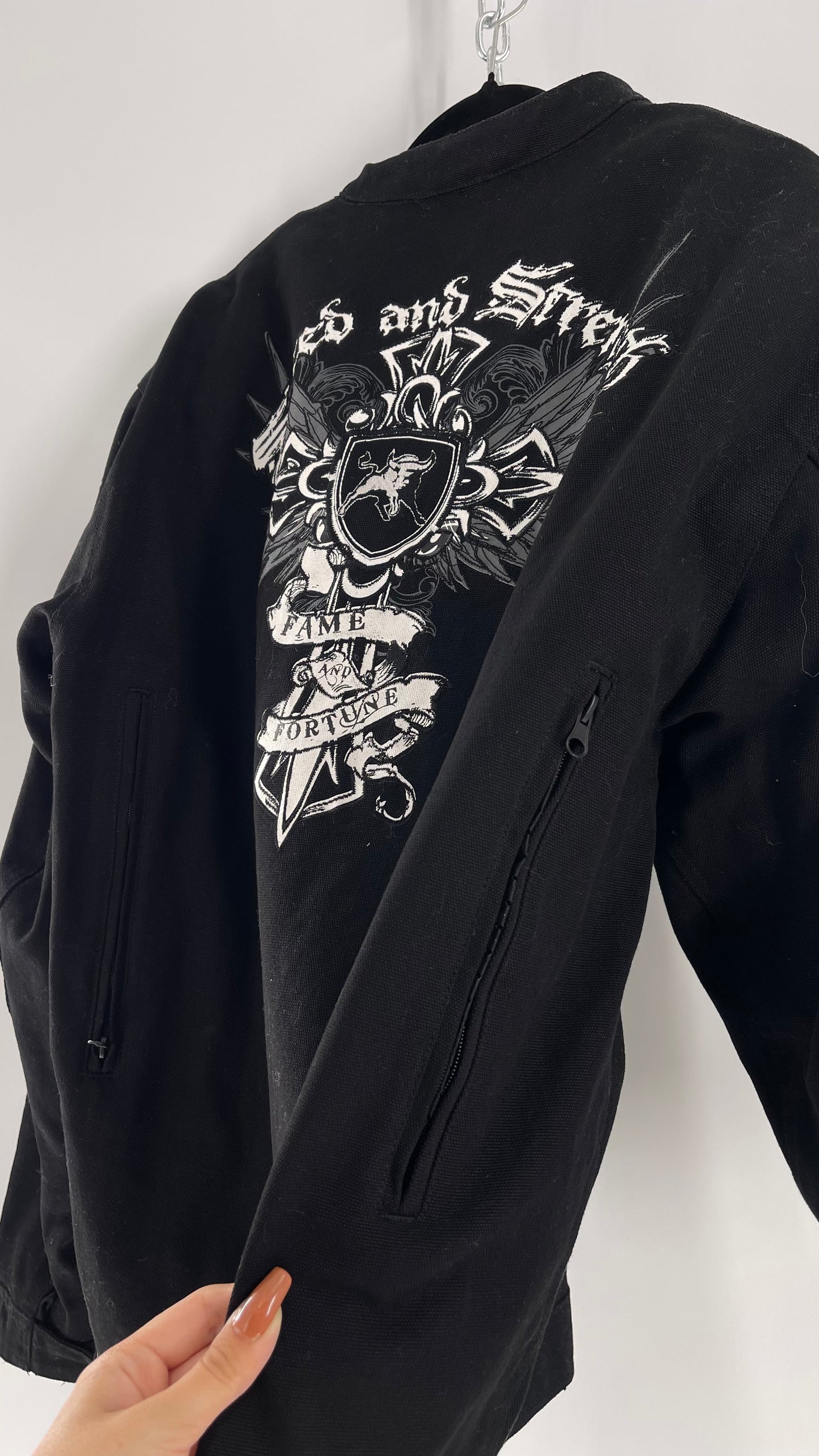 Vintage Speed + Strength Grunge Punk Riding Motorcycle Jacket with Cross Embroidery, Wings, Fame + Fortune, Speed + Strength Men’s Unisex (XXL)