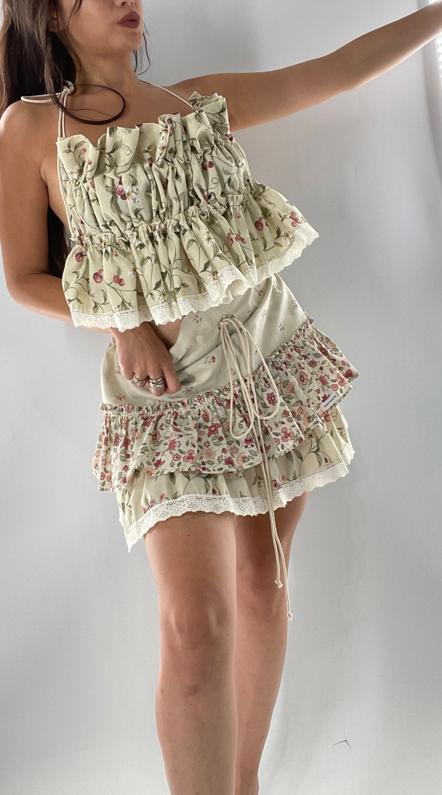 Vintage Cherry Cottage Set with Tiered Ruffled Skirt and Ruched, Backless Top (One Size)