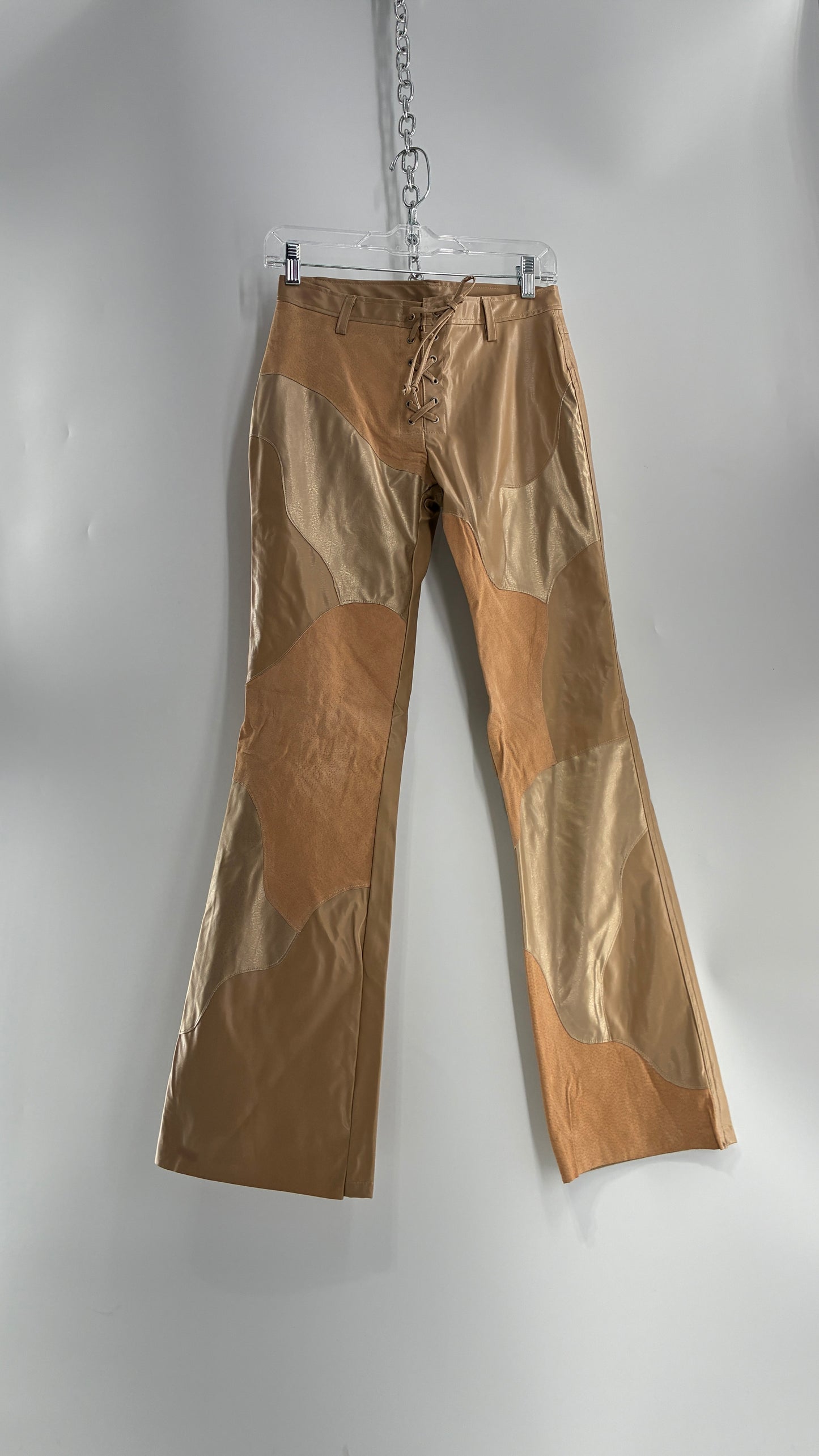 Vintage OUTER EDGE Patchwork Vegan Leather Kickflares with Tie Up Waistline (5)