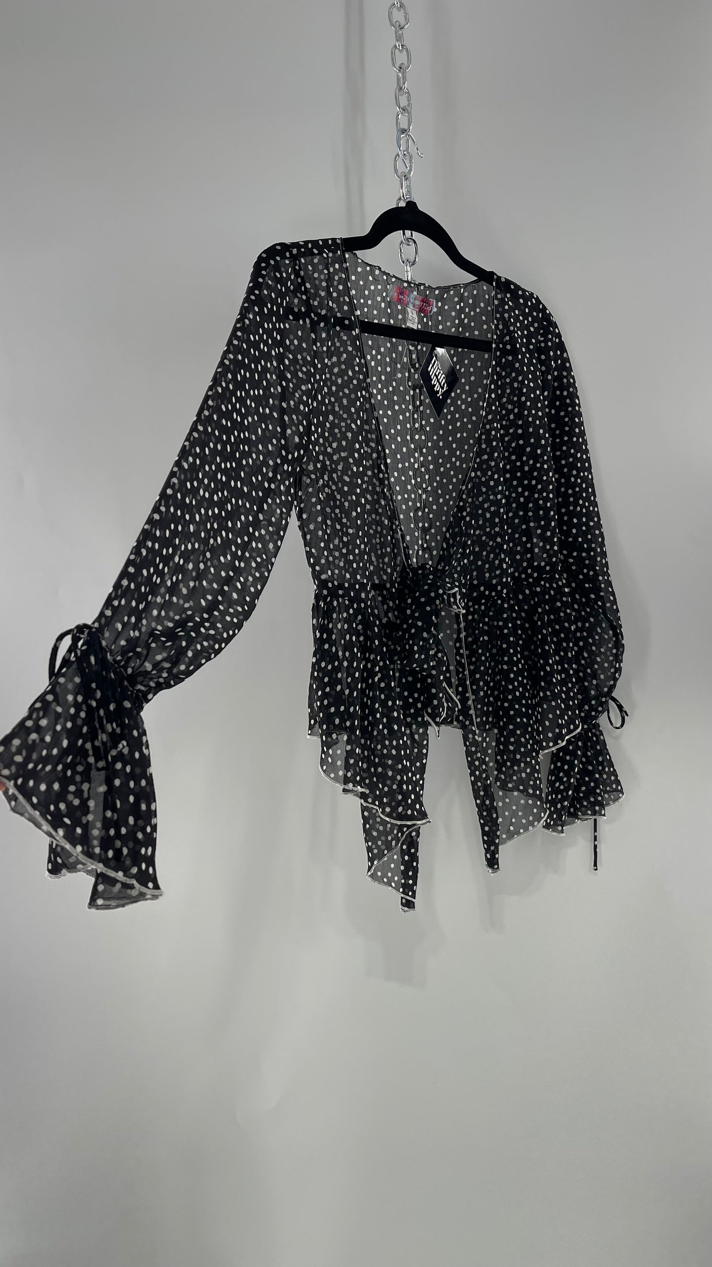 Urban Outfitters Black and White Polka Dot Tie Front Blouse with Tie Sleeve Detail (Small)