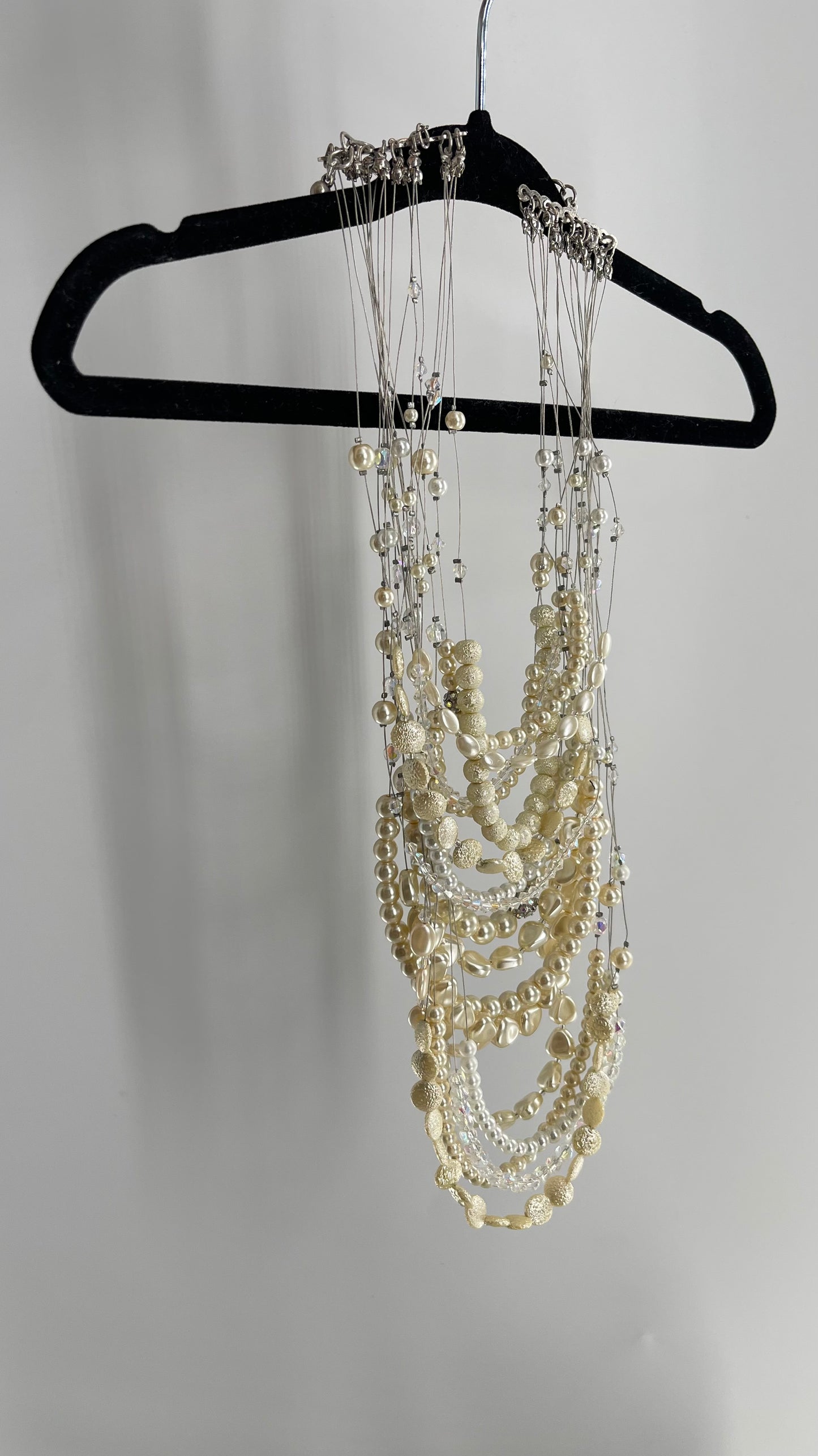 Vintage Handmade Exaggerated Multi Layer Pearl, Beaded Statement Necklace for Plunging Necklines