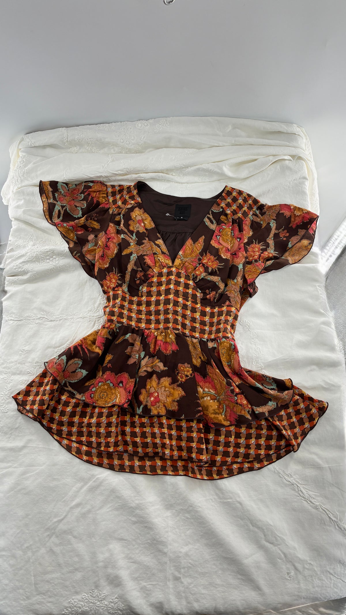 Vintage ANNA SUI 100% Silk Orange and Brown Mixed Pattern Blouse (4)