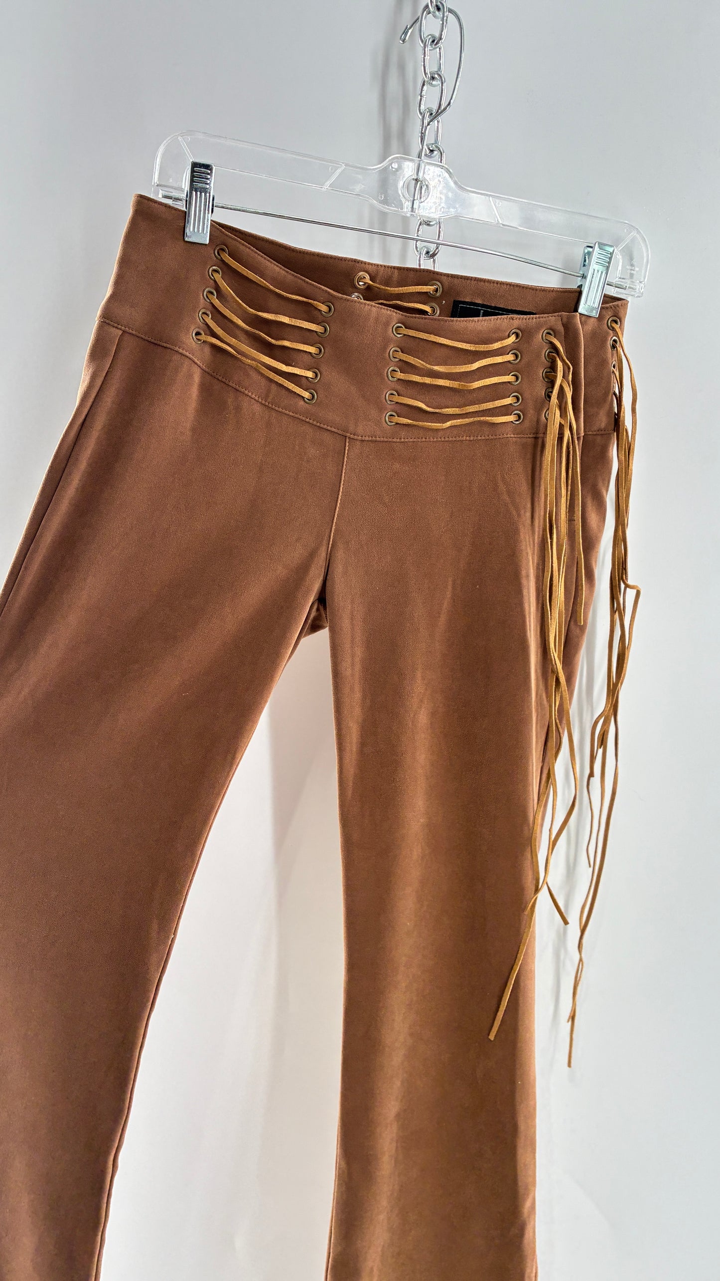 Vintage Rare L.E.I Low Rise Faux Suede Kick Flares with Wide, Thread Through Tassels Hip Band (5)