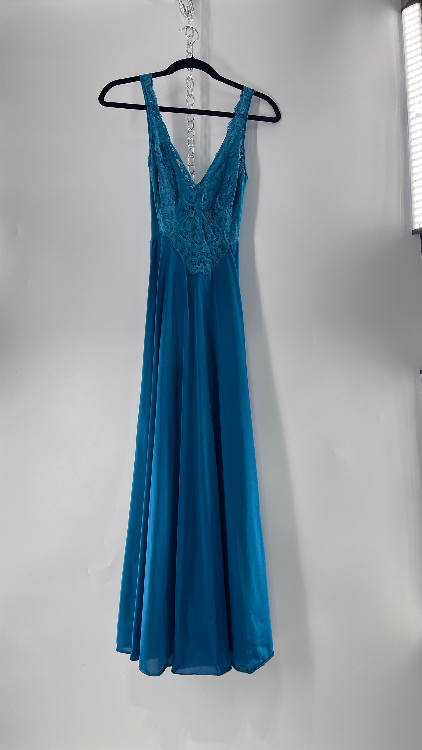 Vintage Olga Intimates Floor Length Voluminous Blue Jewel Toned Maxi Dress/Night Gown with Lace Bust (Small)