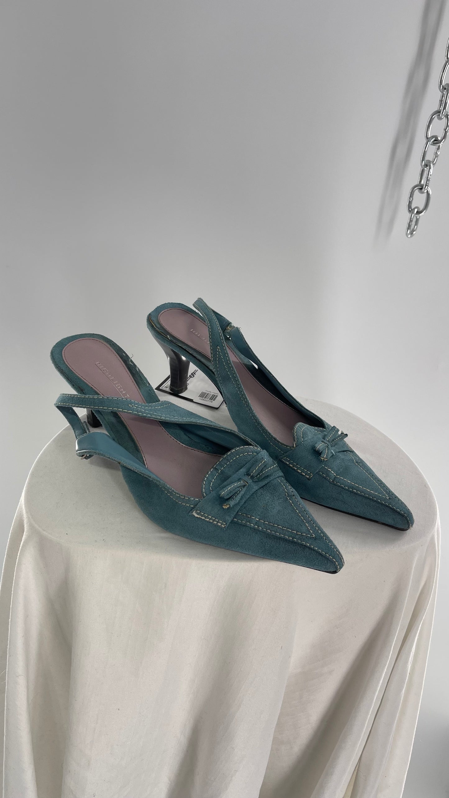 Vintage HIGHLIGHTS Blue Suede Pointed Toe Kitten Heel Slingbacks (7.5)