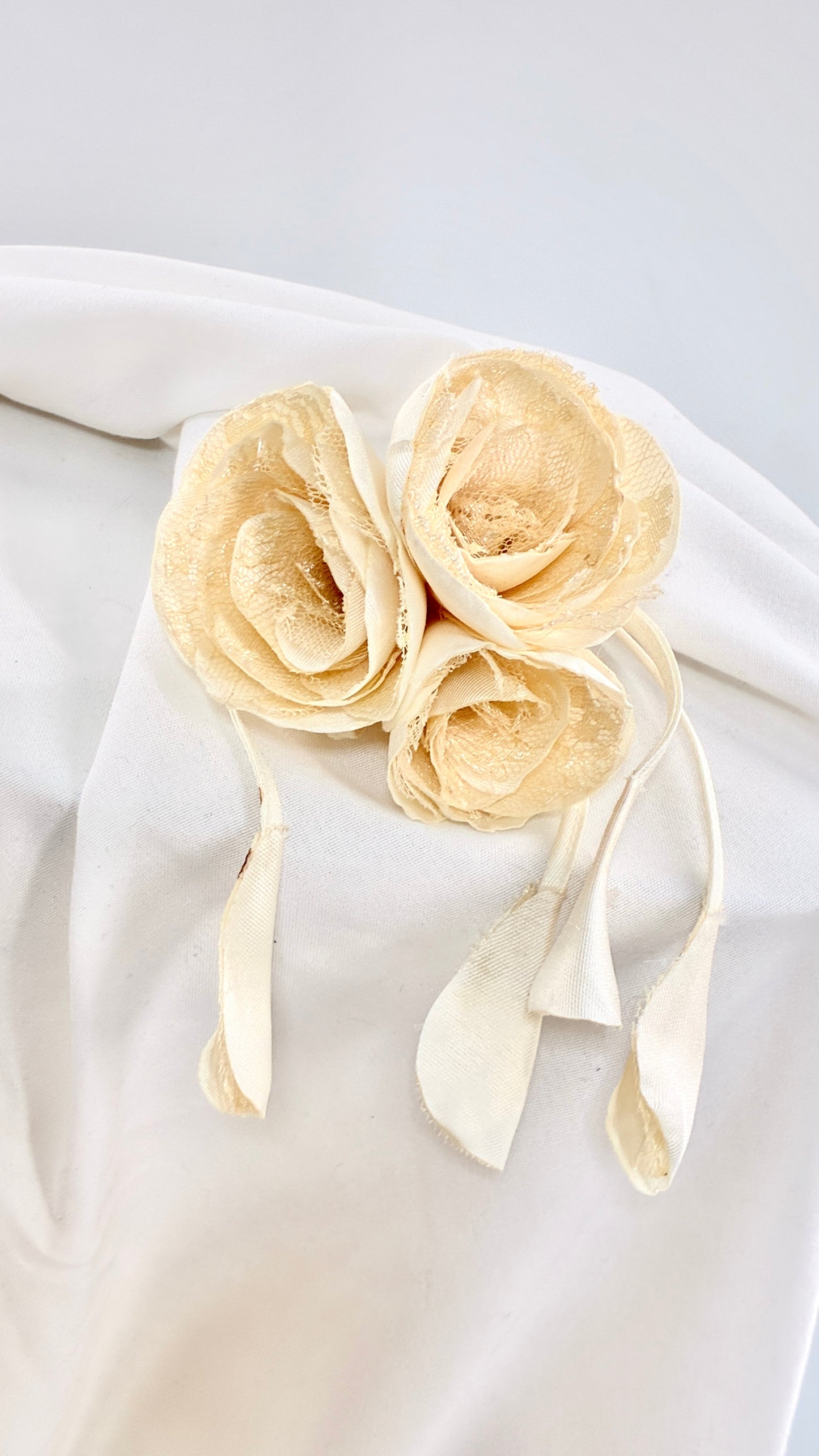 Vintage Brooch Pin: Oversized Rosette Cluster of Handmade Off White Satin and Lace Flowers with Pearl Center