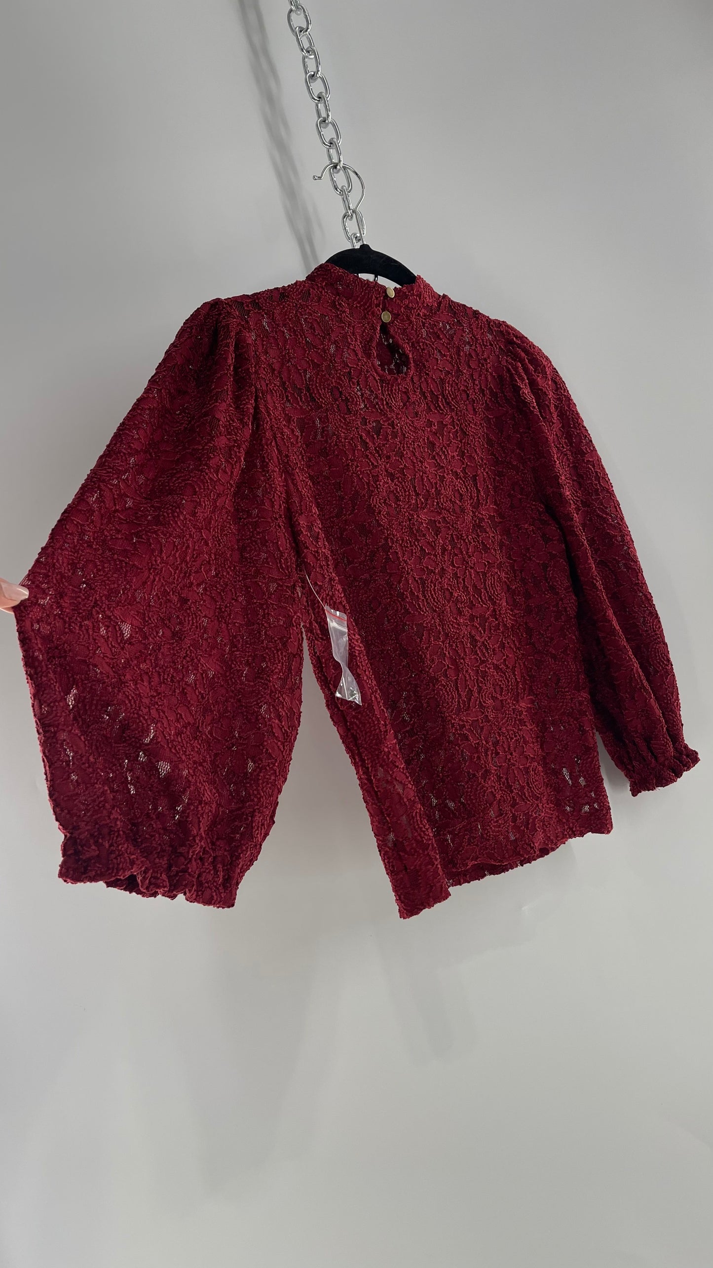 Free People Crimson Red Lace Bubble Sleeve Mock Neck Blouse (XS)