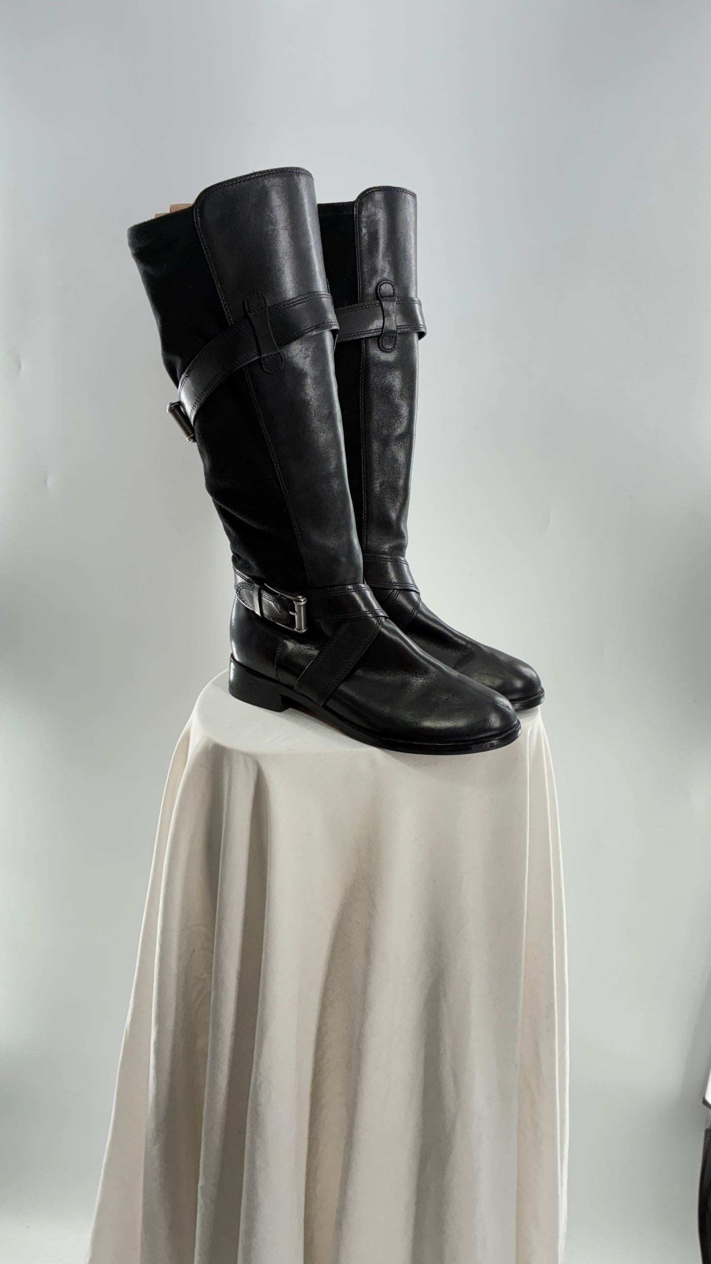Vintage Cole Haan Black Leather Knee High Boots with Buckle Detailing (7.5)