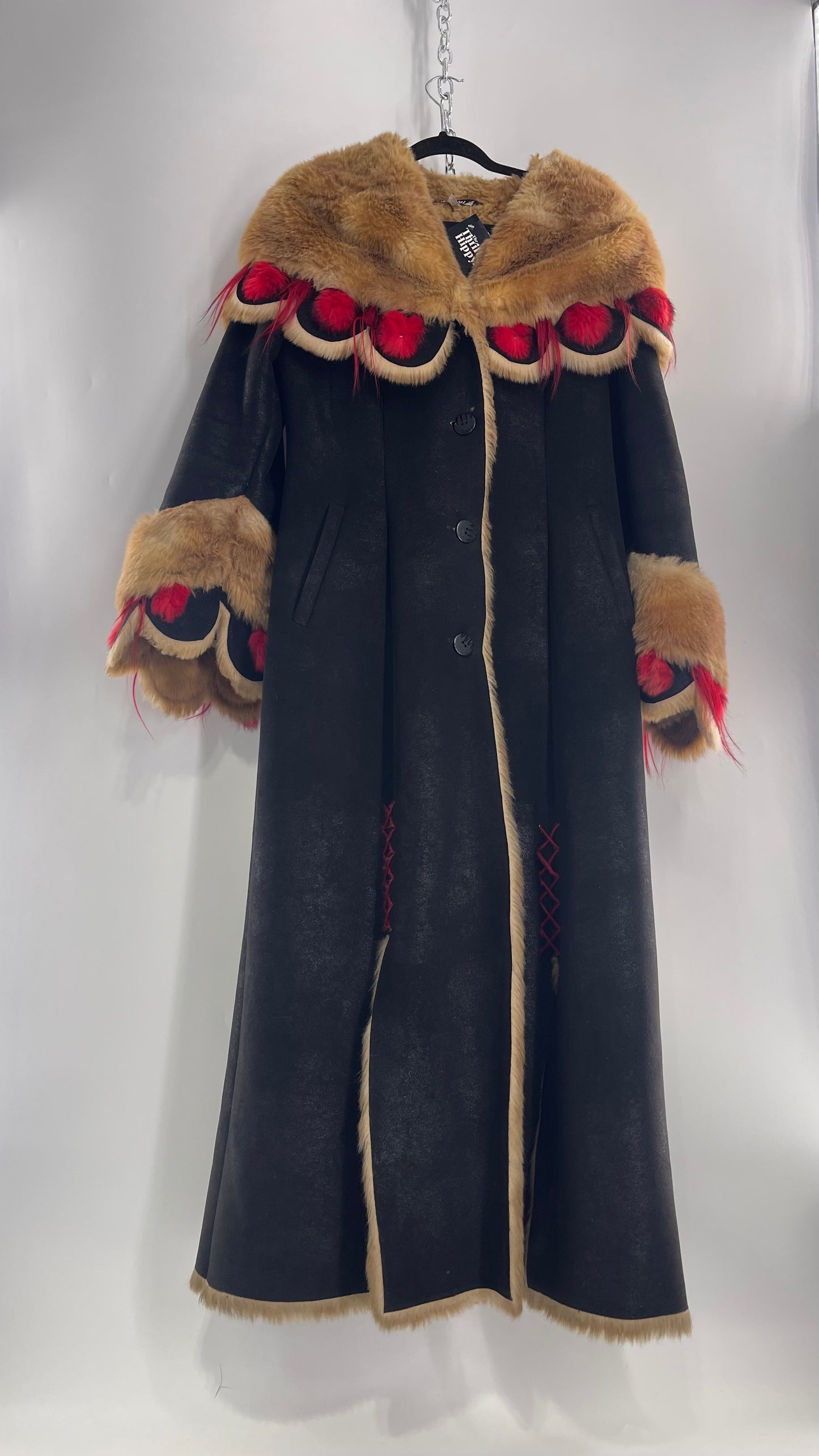 Vintage Russian Black Coat with Brown Fur Piping/Lining, Red Feathers, Scalloped Sleeve, and Hood (Medium)