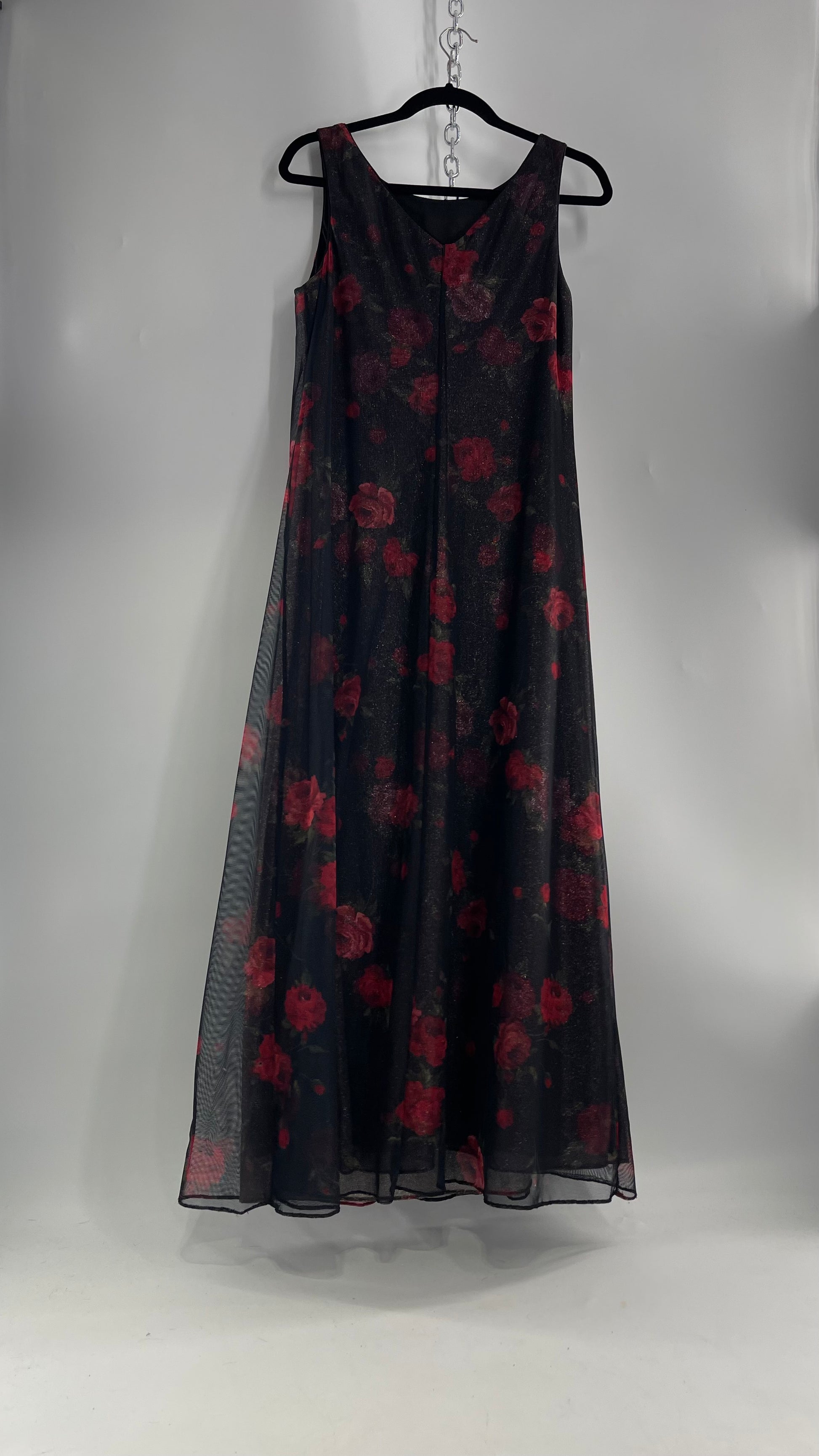 Vintage TEDDI EVENING Dress with Red Rose Layer Over Glitter Graphic and Black Base Layer (10) Vintage TEDDI EVENING Dress with Red Rose Layer Over Glitter Graphic and Black Base Layer (10)