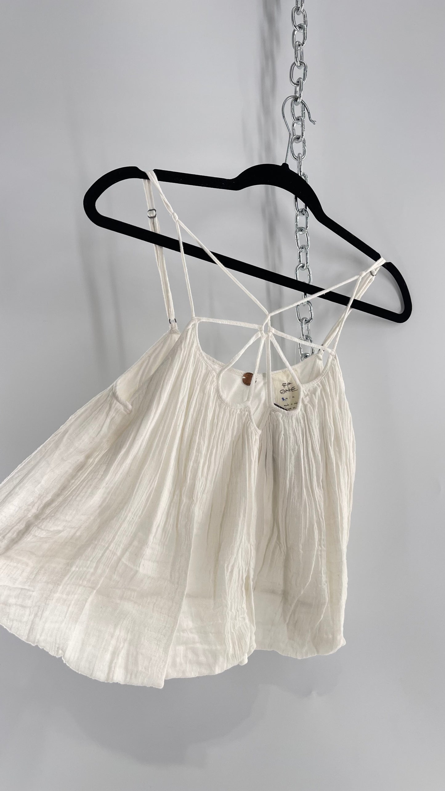 Free People White Cotton Bubble Sleeveless Blouse with Strappy Neckline (M)