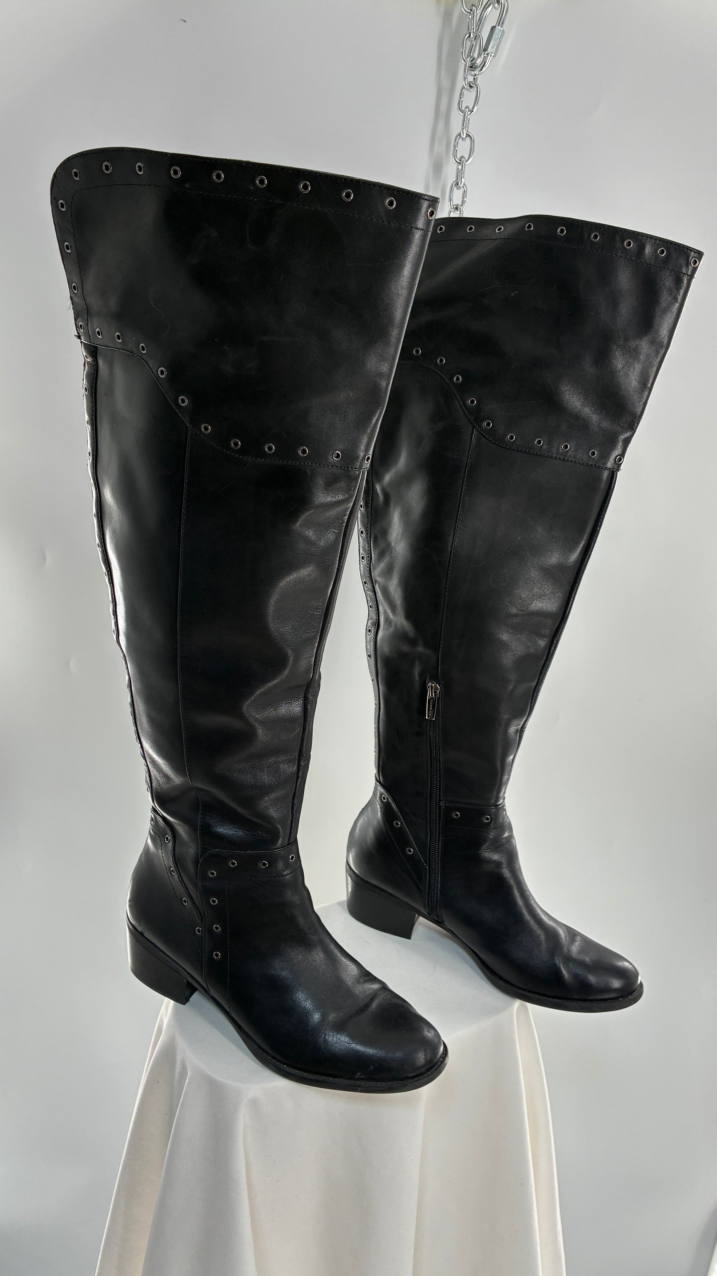 VINCE CAMUTO Genuine Leather Black Over the Knee, Thigh High Boots with Studding Details (11/41)