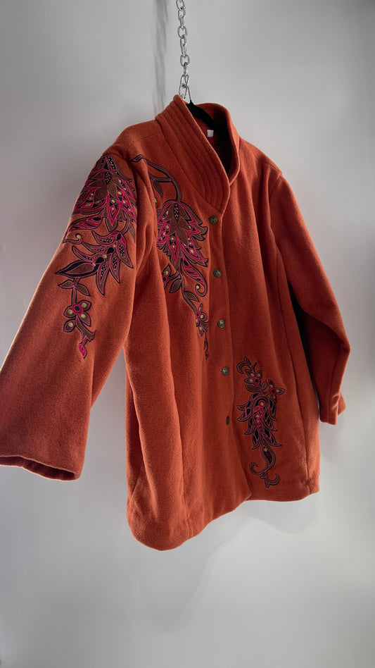 Deadstock Vintage Bob Mackie Orange Coat with Embroidered Sleeves and Body, Embossed Buttons and Tags Attached (XXXL)