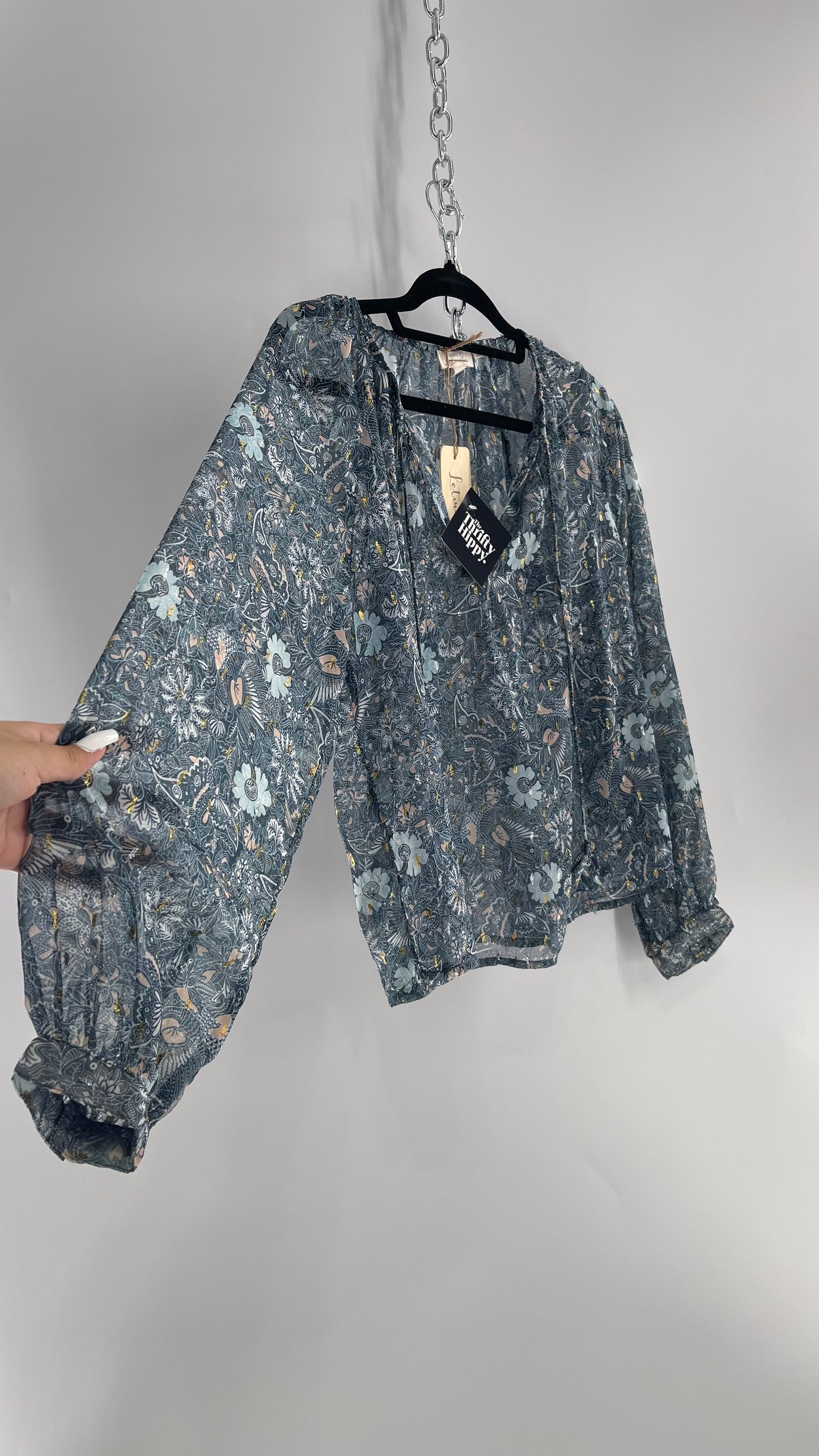 Anthropologie Let Me Be (Small) Blue Voile Blouse with Silver and Gold Ribbon Pieces and Tags Attached