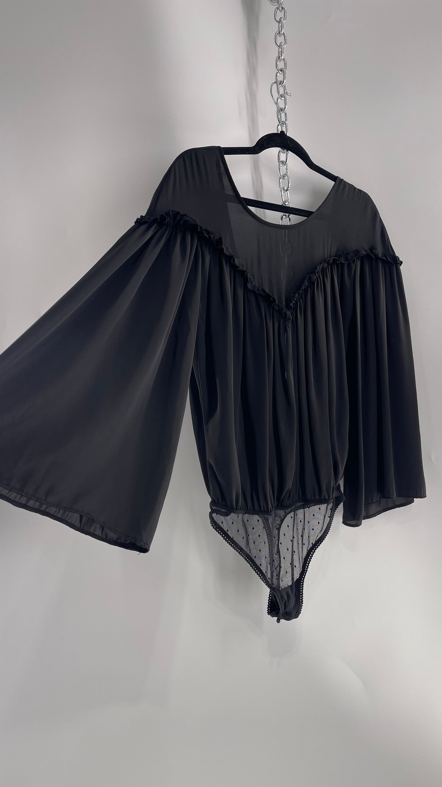 Free People Black Silky Ruffled Sweetheart Neckline Detail with Pleated Bodice and Open Back (XS)