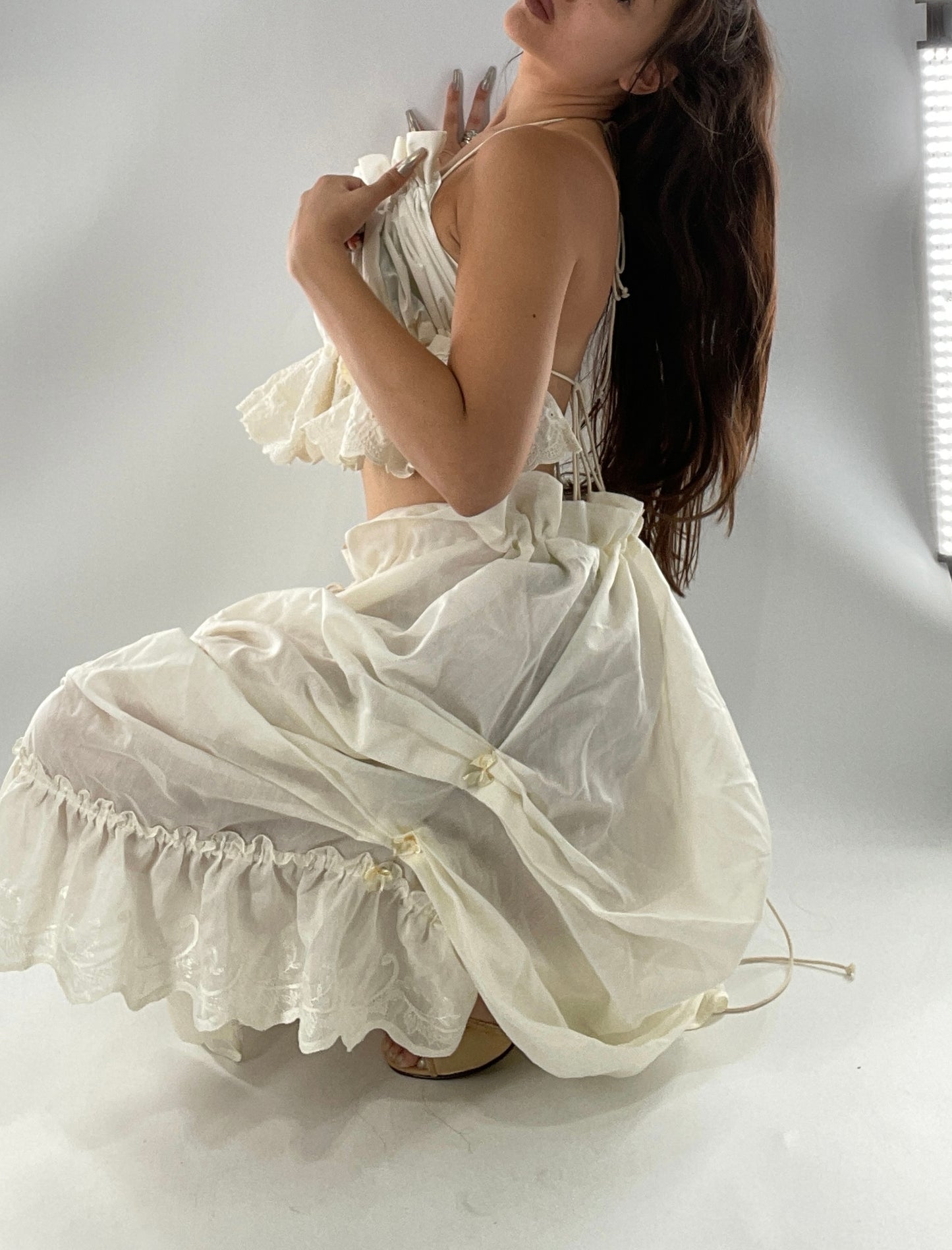 Custom Vintage Cottage Off White Set with Ruched/Scalloped Lace/Backless Top and Draping/Ribbon Skirt (One Size)
