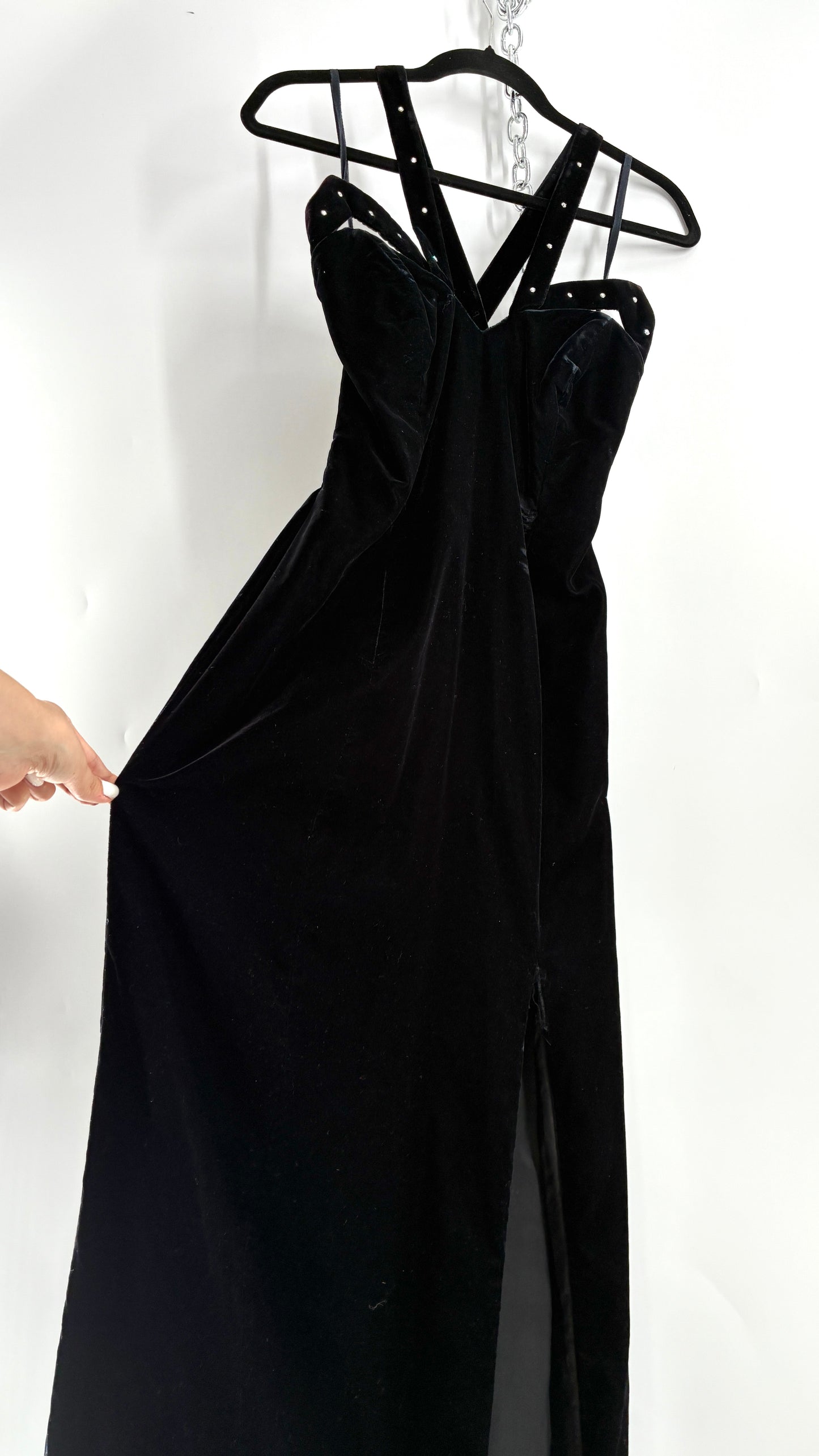 Vintage Handmade Velvet Gown with Pointed Bust Lined in Rhinestones and Dramatic Side Slit (S/M)