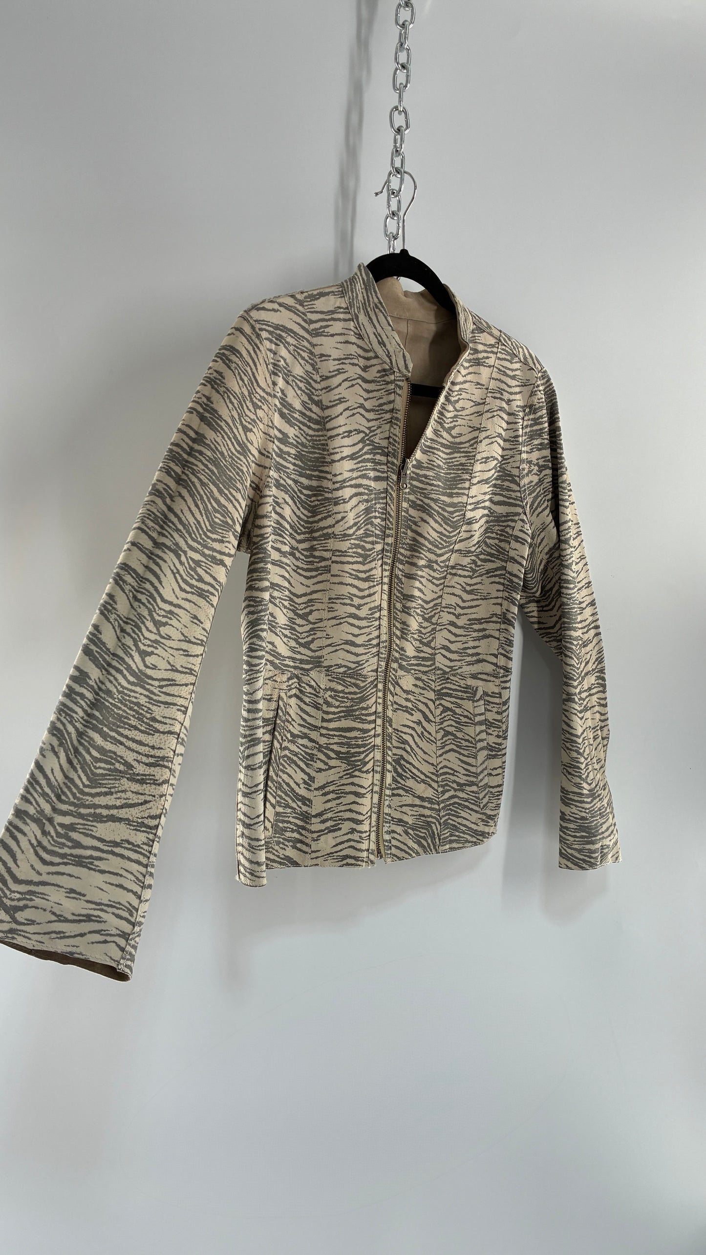 Vintage Reversible Thin Genuine Suede Leather Zip Up Jacket Beige/Zebra (Medium)