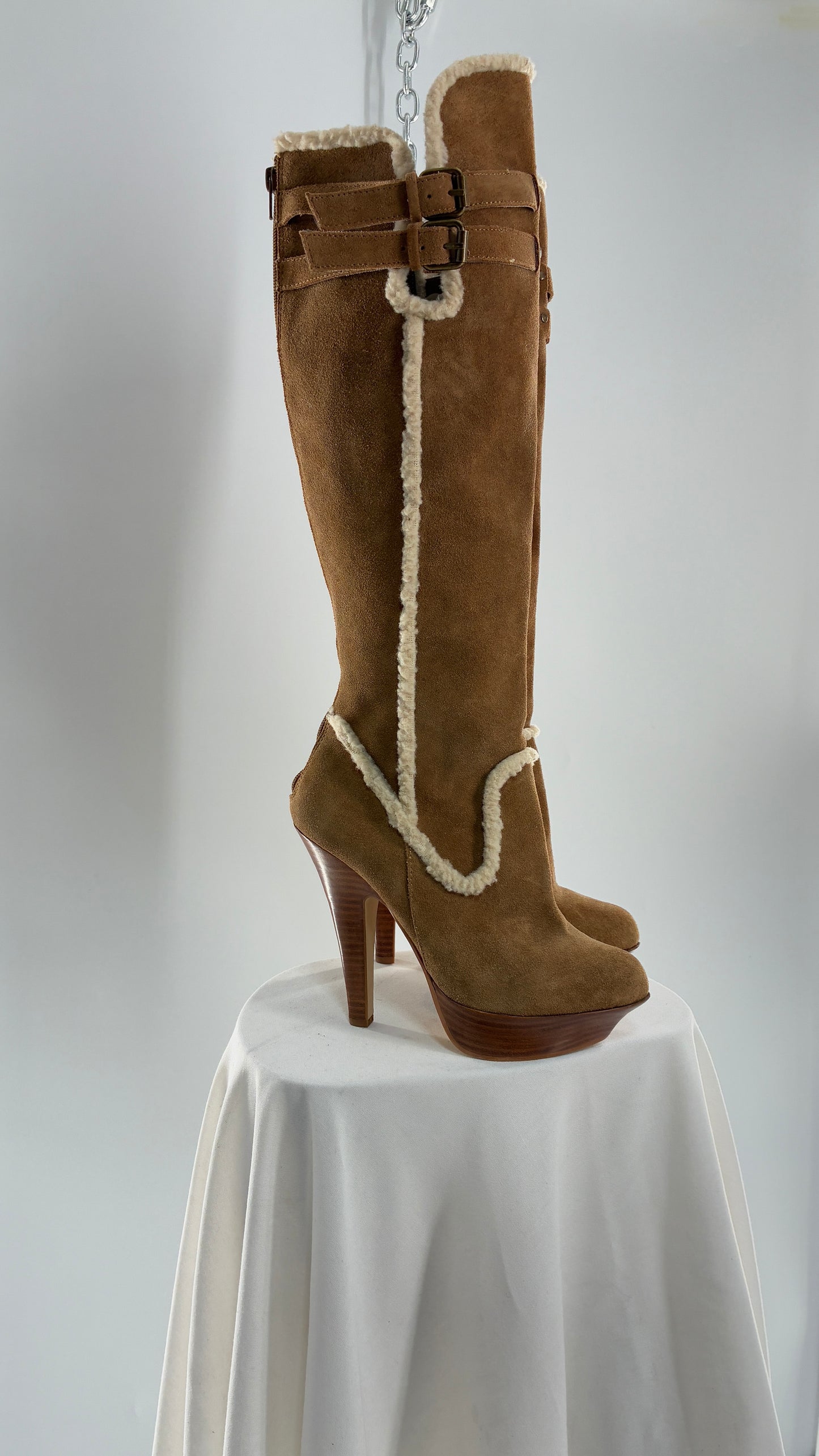 Vintage BEBE Genuine Suede Leather Stiletto, Platform Knee High Boots with Shearling Piping (8B)