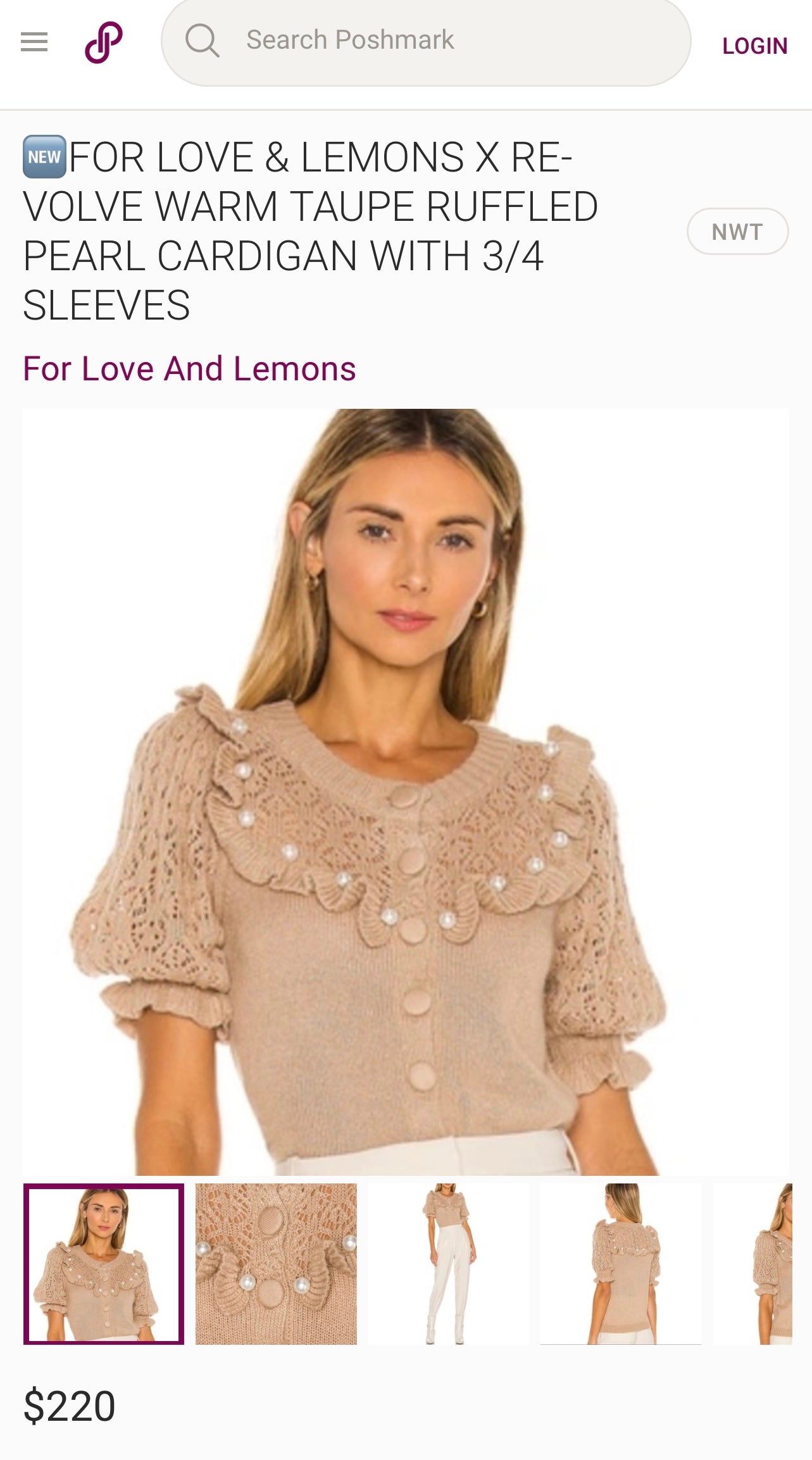 For Love & Lemons Cream Off White Knit Puff Sleeve, Button Front Top with Pearls (Small)