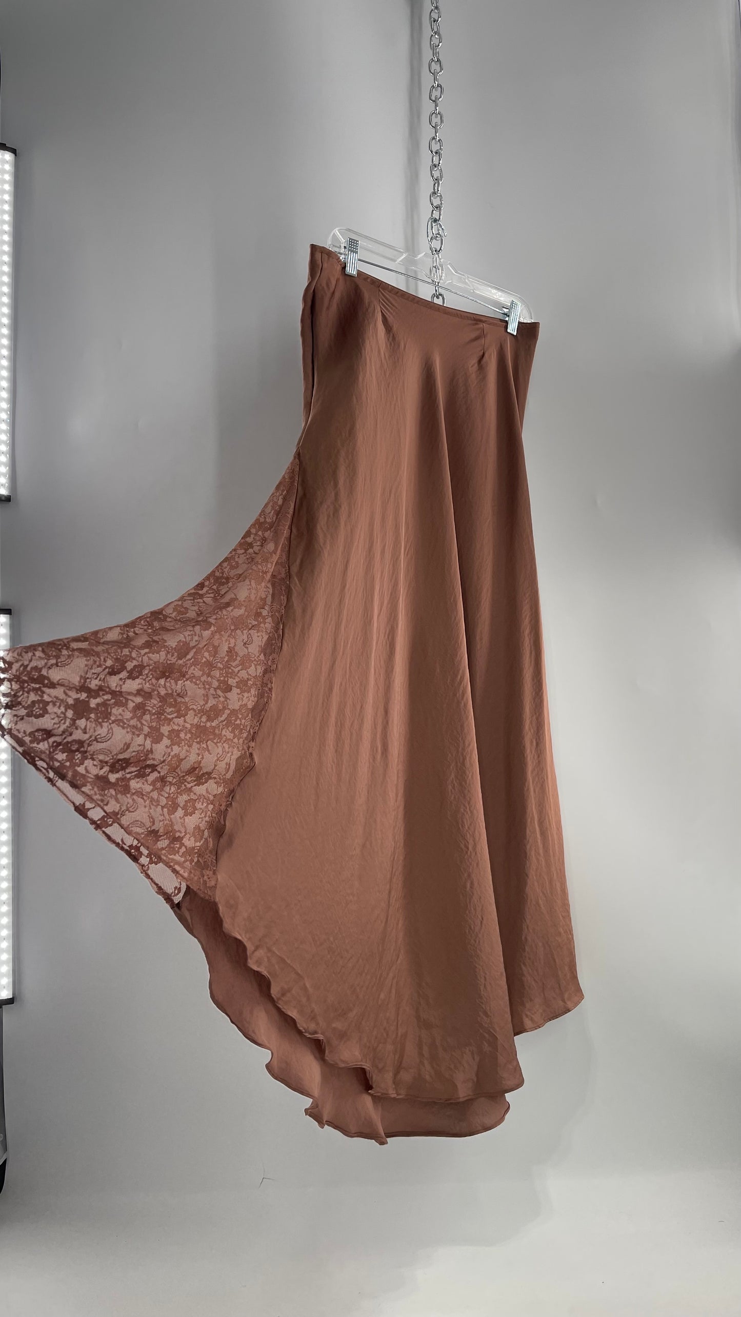 Intimately Free People Brown/Dusty Mauve Satin Maxi Skirt with Lace Paneling (Medium)