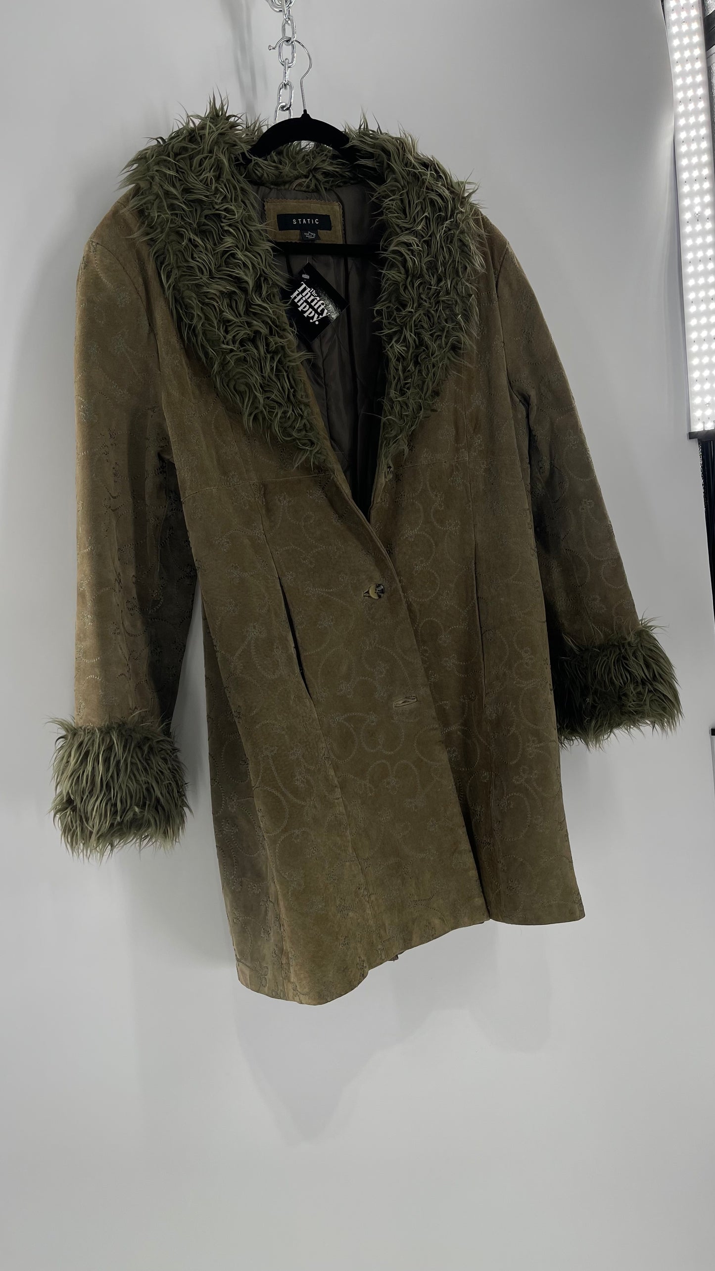 Vintage STATIC Embroidered Genuine Leather Coat with Fur Cuffs and Collar (C) (XL)